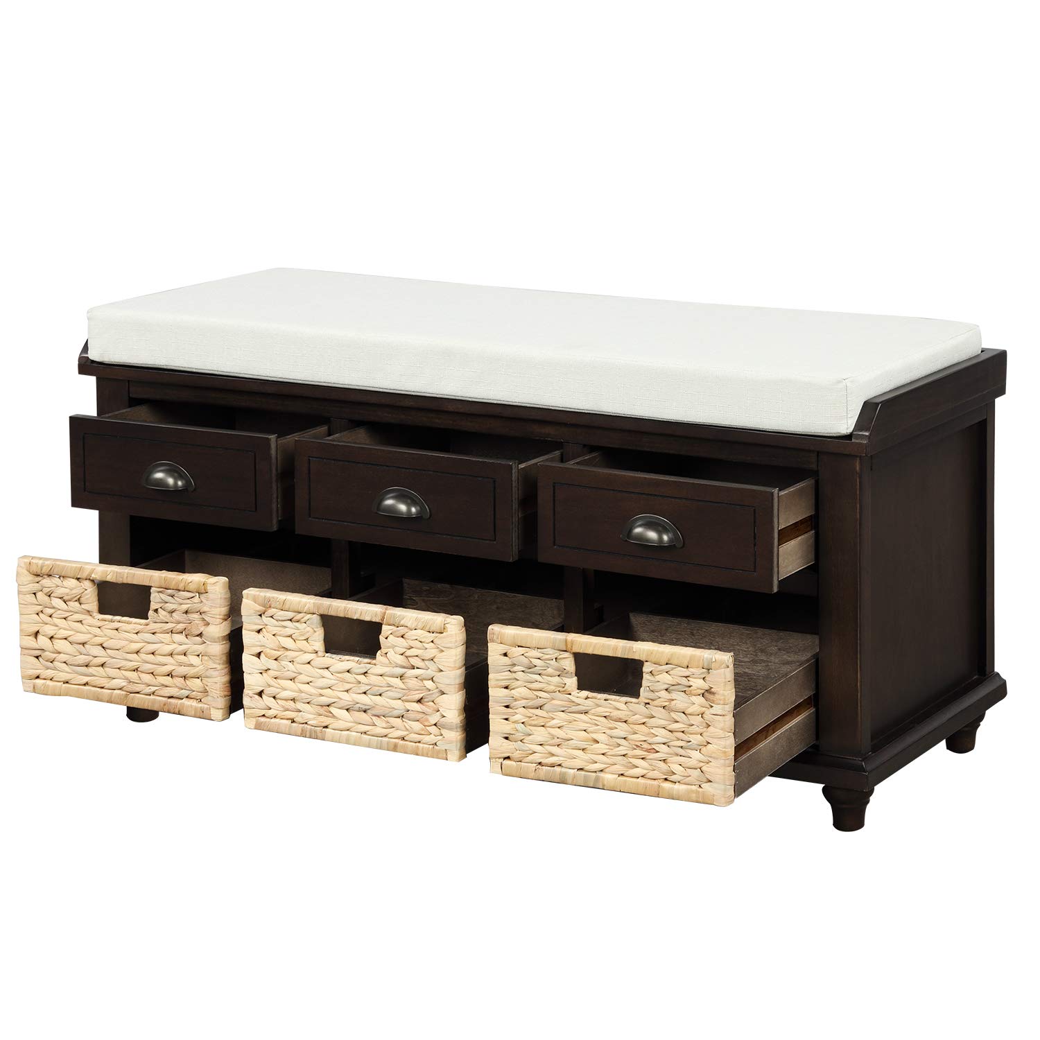 Rustic Wood Storage Bench with 3 Drawers & Baskets - Entryway, Bedroom, Living Room