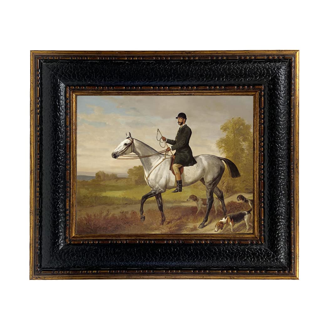 Huntsman with Horse and Hounds - 8x10 Framed Oil Painting Print on Canvas - Leather-Look Frame - Perfect for Living Room, Study, or Office Wall Decor