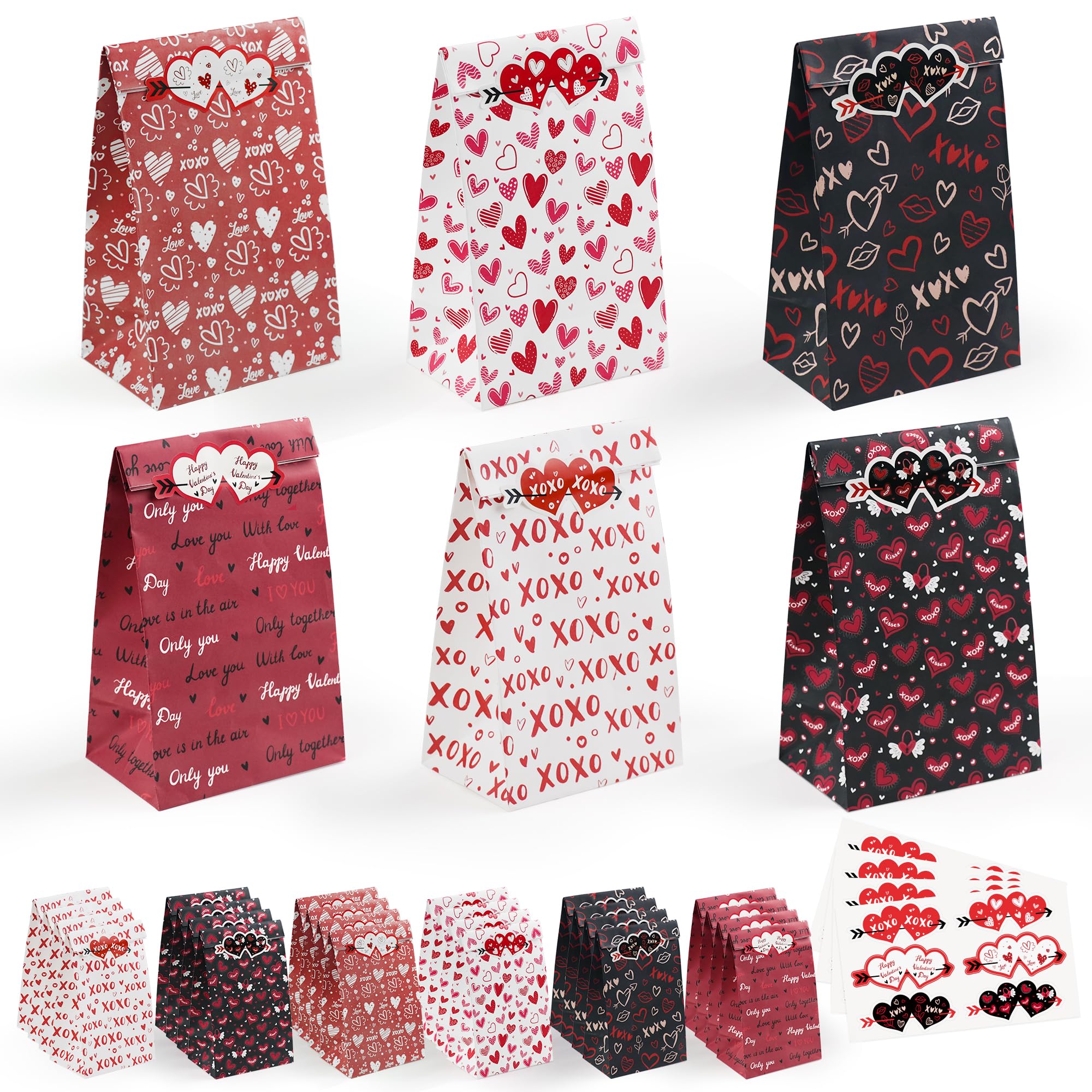 24-Pack Valentine's Day Gift Bags for Kids - Heart-Themed Party Favors with Stickers | Classroom Treat Bags, School Valentine Exchanges & Party Decorations | Perfect for Valentine's Day Celebrations, Classroom Activities & Kids' Parties