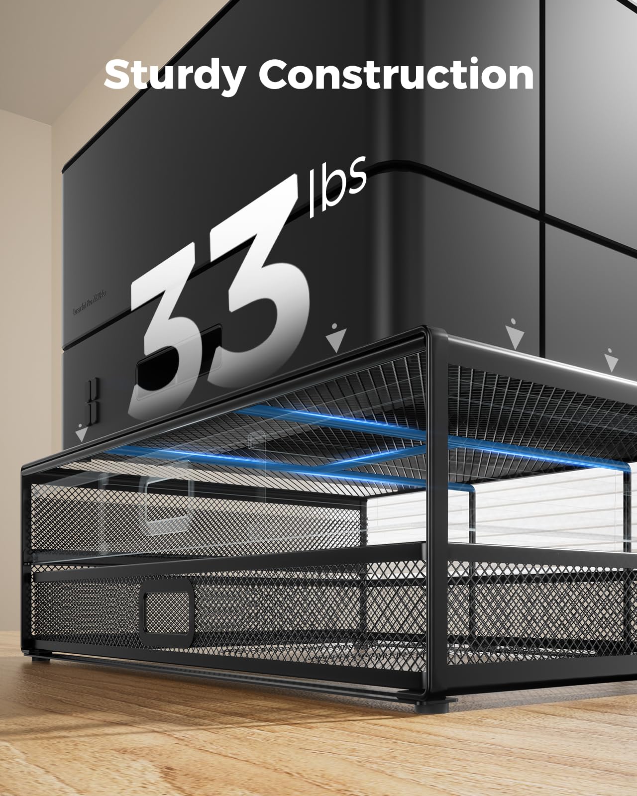 HUANUO Metal Mesh Monitor Stand with 2 Storage Drawers - Heavy Duty Desk Organizer for Laptop, Computer, Printer up to 33 lbs - Perfect for Home Office & Workspace Organization