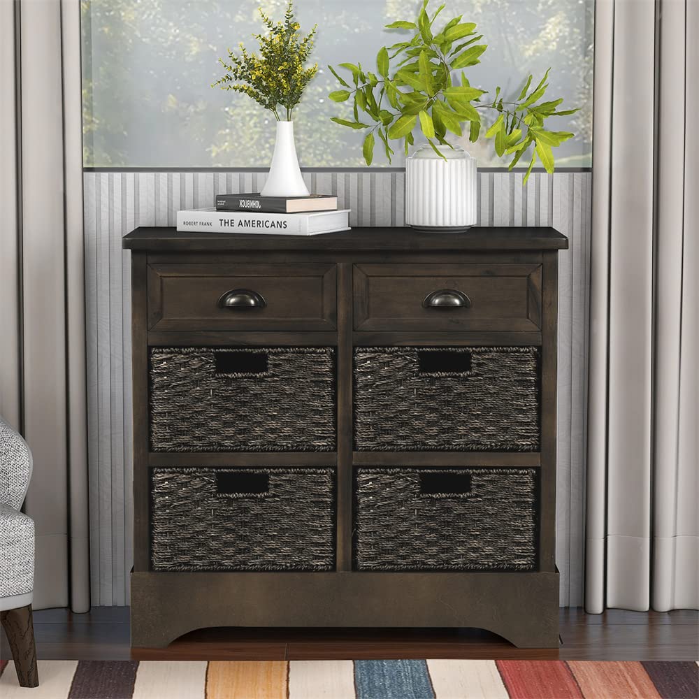 Rustic Farmhouse Storage Cabinet with 2 Drawers & 4 Rattan Baskets - Entryway Console Table, Living Room Sofa Table, Dining Room Sideboard - Brown & Gray for Home Organization & Decor