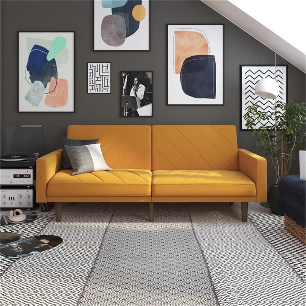 Pemberly Row Futon in Mustard Yellow Linen - Modern Convertible Sofa Bed for Small Spaces, Living Room & Guest Room