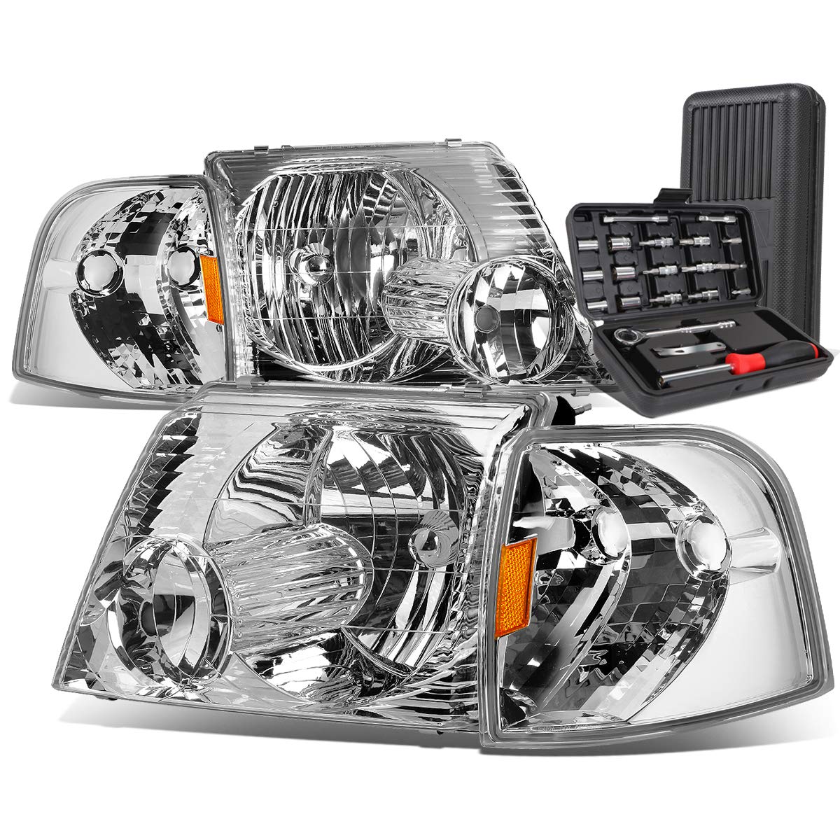 Auto Dynasty Chrome Housing Amber Corner Headlight Lamps + Tool Kit - Compatible with Ford Explorer 2002-2005 | Replacement Headlights for Improved Visibility & Style