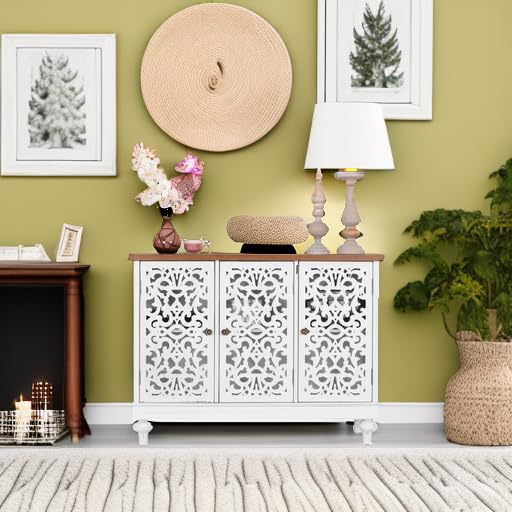 PHI VILLA White Farmhouse Accent Cabinet with Doors - Rustic Credenza Sideboard Buffet Storage Cabinet for Living Room, Dining Room & Entryway - Perfect for Home Decor & Organization