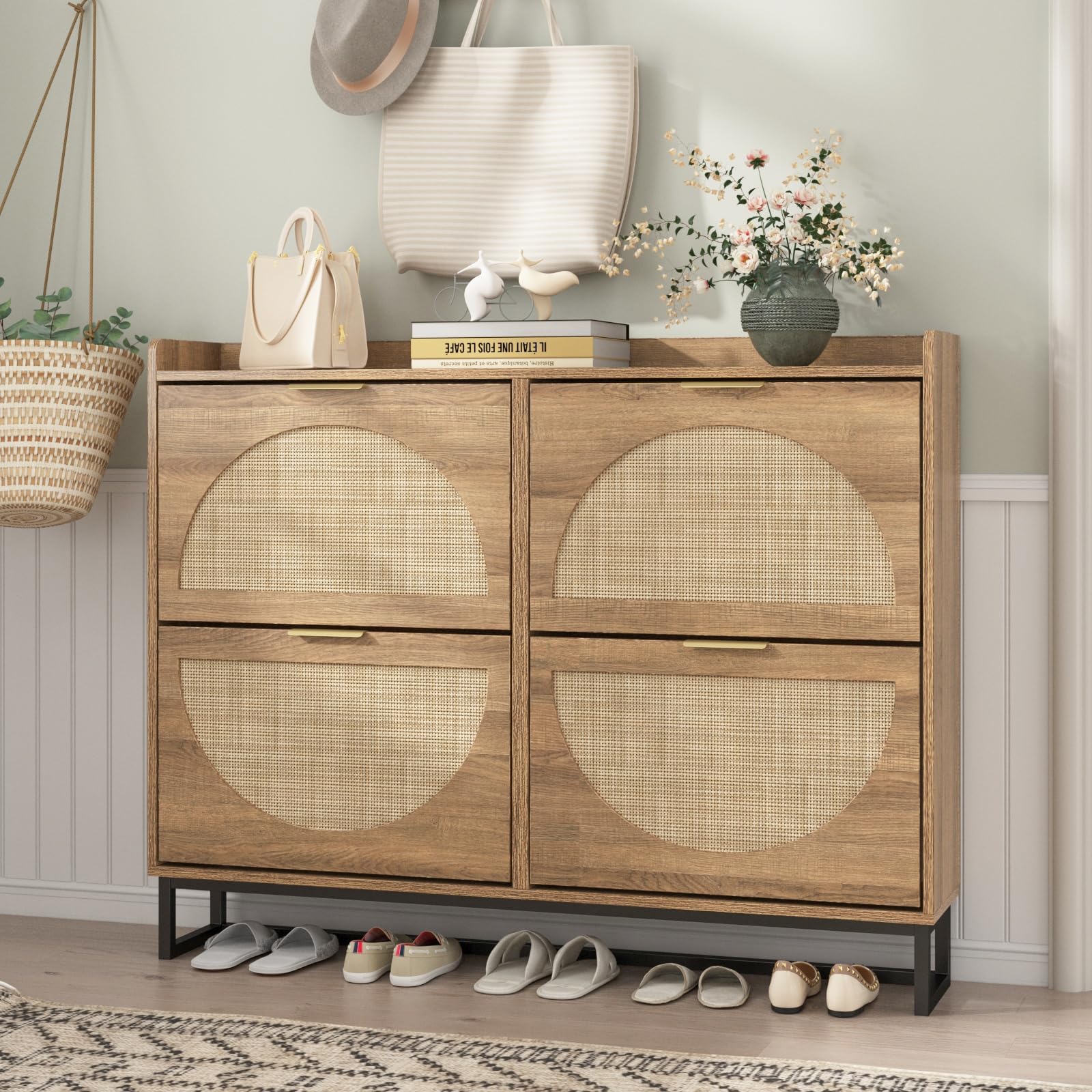Maupvit 4-Drawer Rattan Shoe Cabinet - Freestanding Shoe Organizer with Metal Legs for Entryway Storage