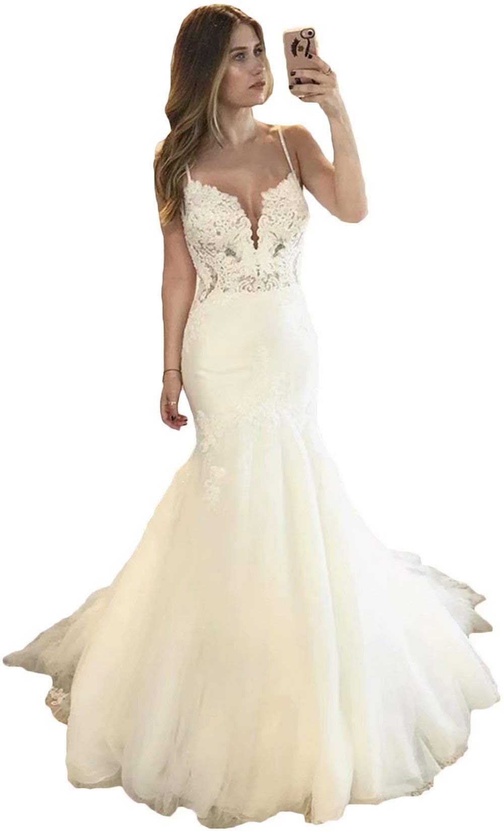 Elegant V-Neck Lace Mermaid Wedding Dress with Spaghetti Straps - Tulle Bridal Gown for Bride | Perfect for Beach Weddings, Romantic Ceremonies & Photoshoots