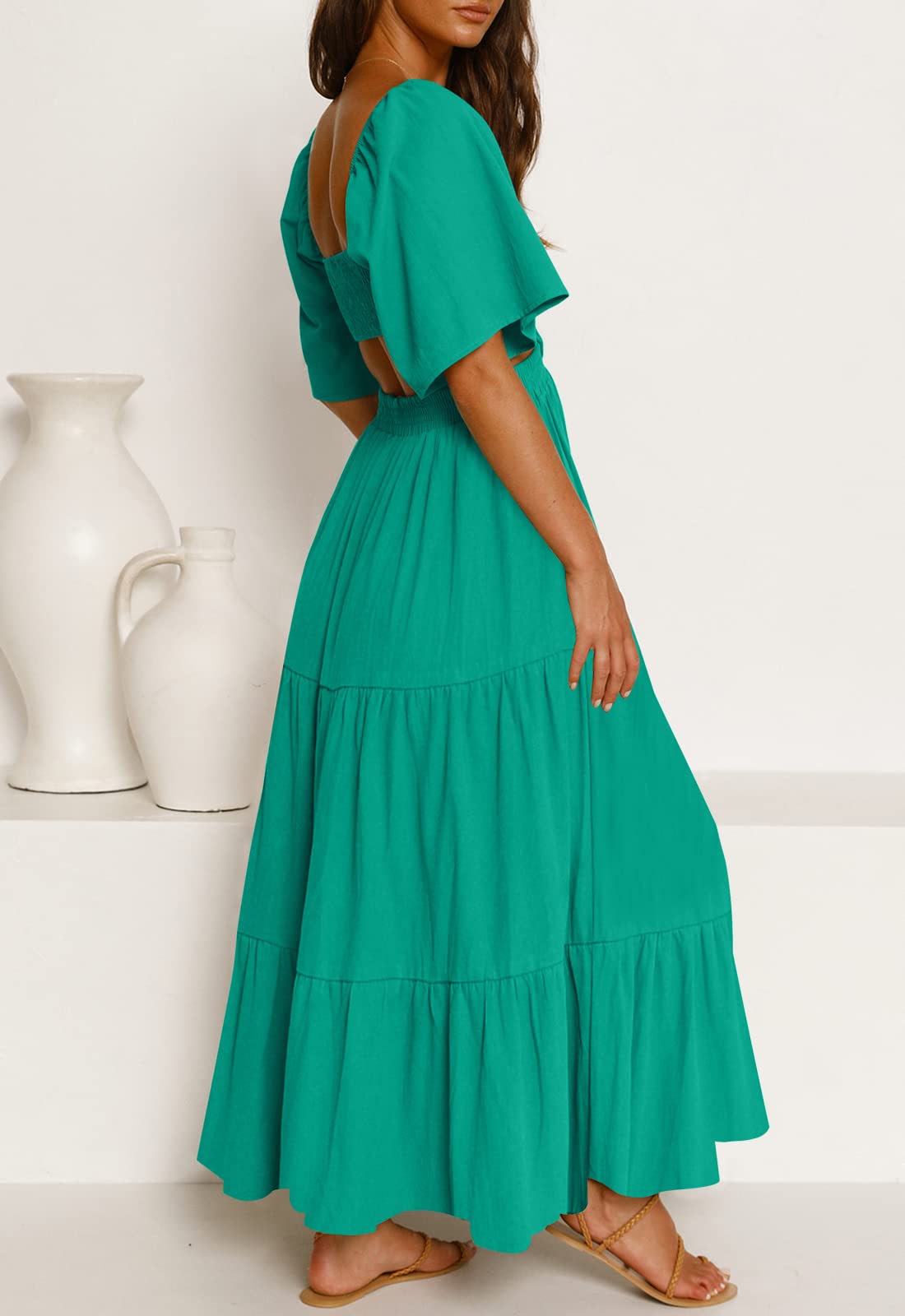 LEANI Women's 2025 Summer Cutout Maxi Dress - Square Neck Short Sleeve Crossover Waist Casual Party Dress for Beach Vacation, Date Night & Special Occasions