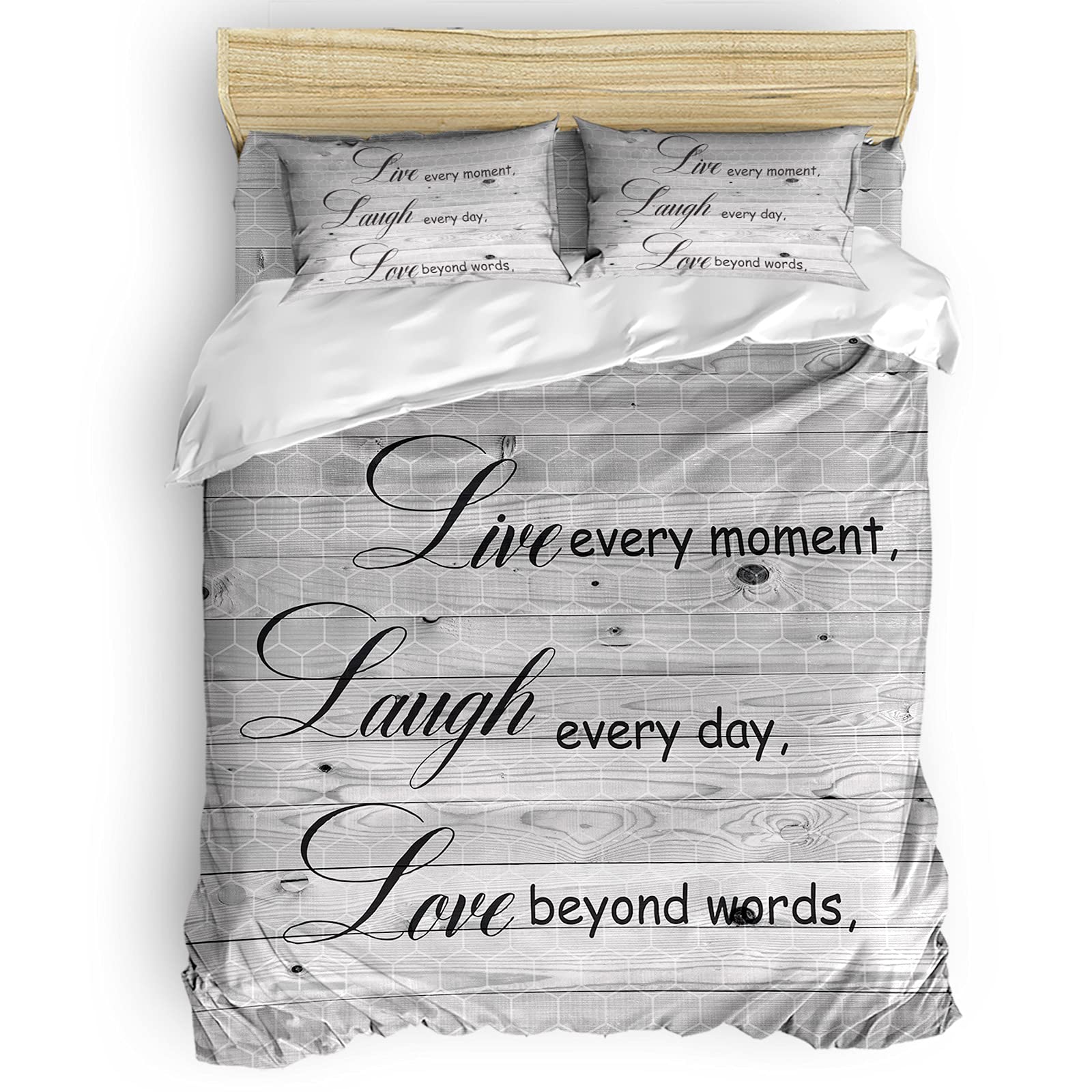 Custom Motivational Duvet Cover Set - 4 Piece Queen Size Bedding Set with Quilt Cover, Pillowcases & Fitted Sheet - Live Laugh Love Gray Wooden Honeycomb Design - Perfect for Home Decor, Bedroom Upgrade & Cozy Sleep