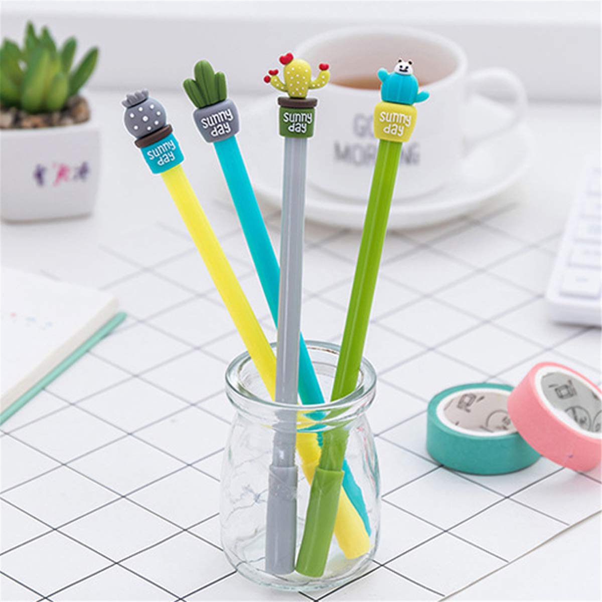 Unique Cactus Bonsai Shaped Fashion Gel Pens - Set of 6 Cute Cartoon Ballpoint Pens for Creative Writing, School & Office Supplies | Perfect Gift for Students & Stationery Lovers