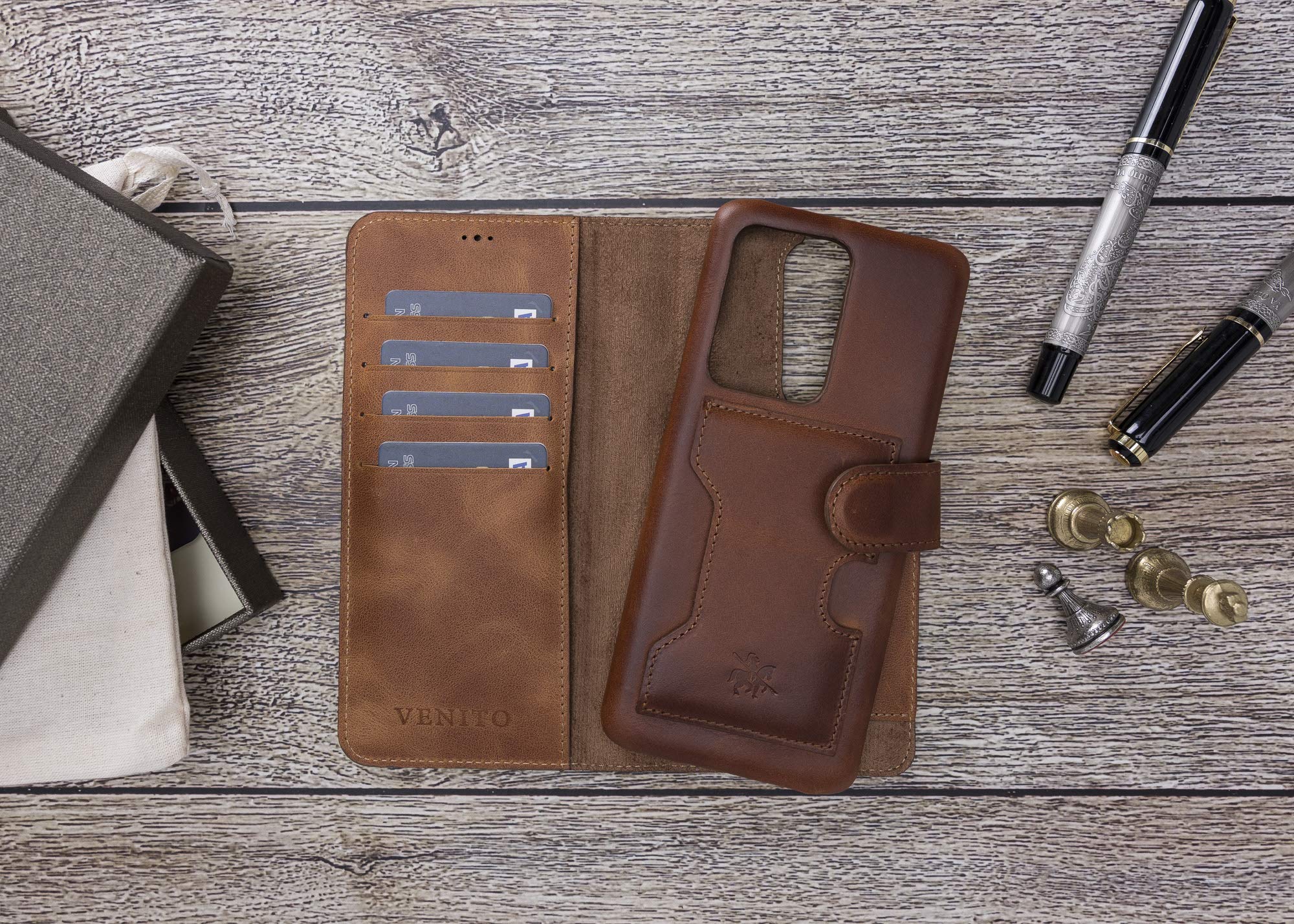 Venito Florence Genuine Leather Wallet Phone Case for Samsung Galaxy S20 Ultra - RFID Blocking Protection - Detachable Card Holder - Antique Brown - Perfect for Travel, Business & Everyday Use