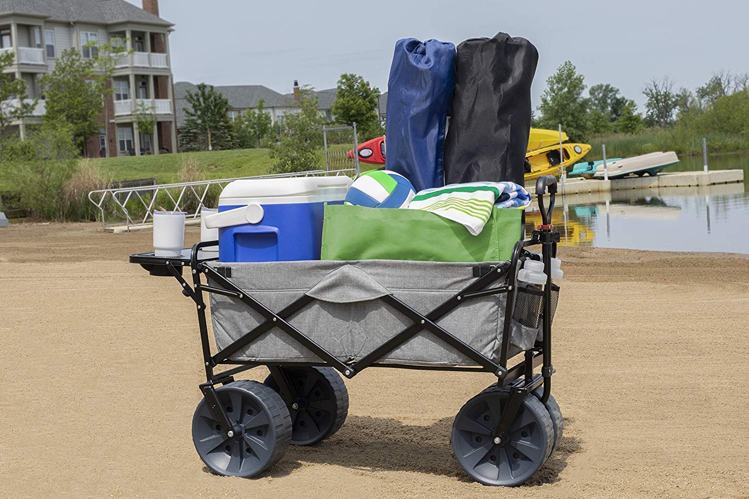 MacSports Collapsible Folding Wagon Cart with Removable Side Table - Portable Utility Cart for Beach, Camping, Picnics, Concerts & Outdoor Events (Light Gray) | Perfect for Carrying Gear, Groceries & Kids Toys
