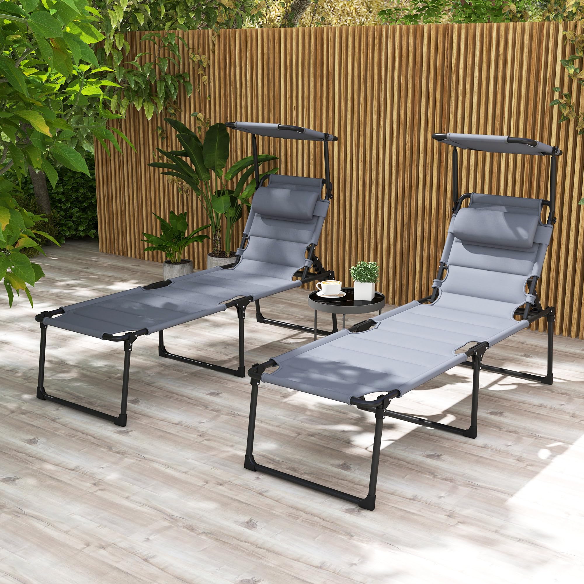 Outsunny 2-Piece Outdoor Lounge Chair Set with Adjustable Backrest - Foldable Chaise Lounge with Cushion, Sunshade Roof & Pillow Headrest - Perfect for Beach, Poolside, Camping & Backyard Relaxation (Gray)