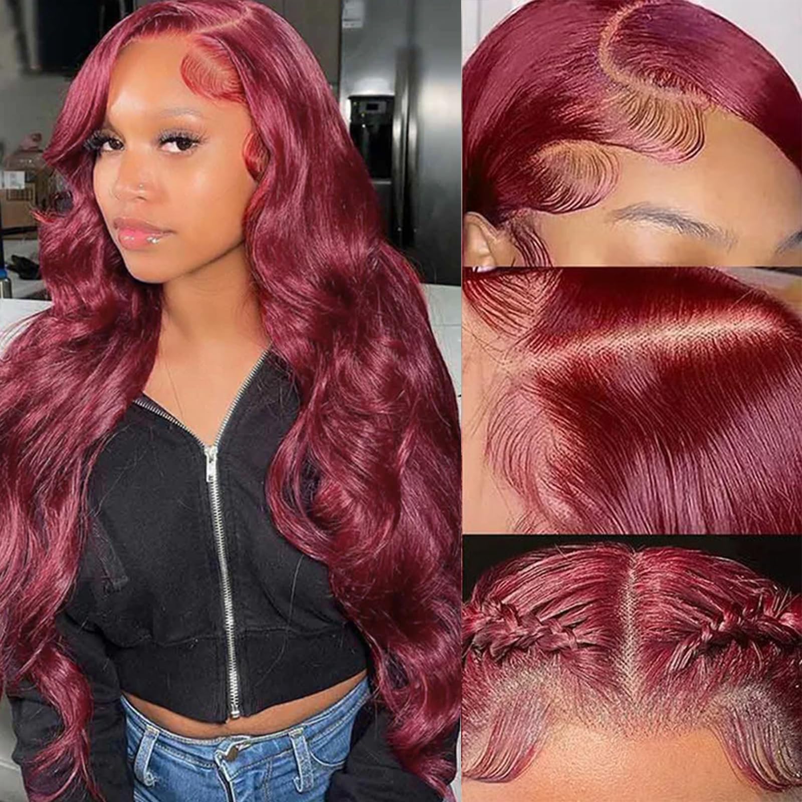 28 Inch 99J Burgundy HD Lace Front Wig - 13x4 Pre-Plucked Human Hair Wigs with Body Wave, 180% Density, Glueless Frontal Wig for Women (Wine Red) - Perfect for Daily Wear, Parties, Cosplay & Special Occasions