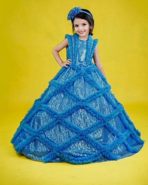 Dark Powder Blue Sequin Gown with Frill Details - Elegant Evening Dress for Prom, Gala & Special Occasions | Pre Order Now
