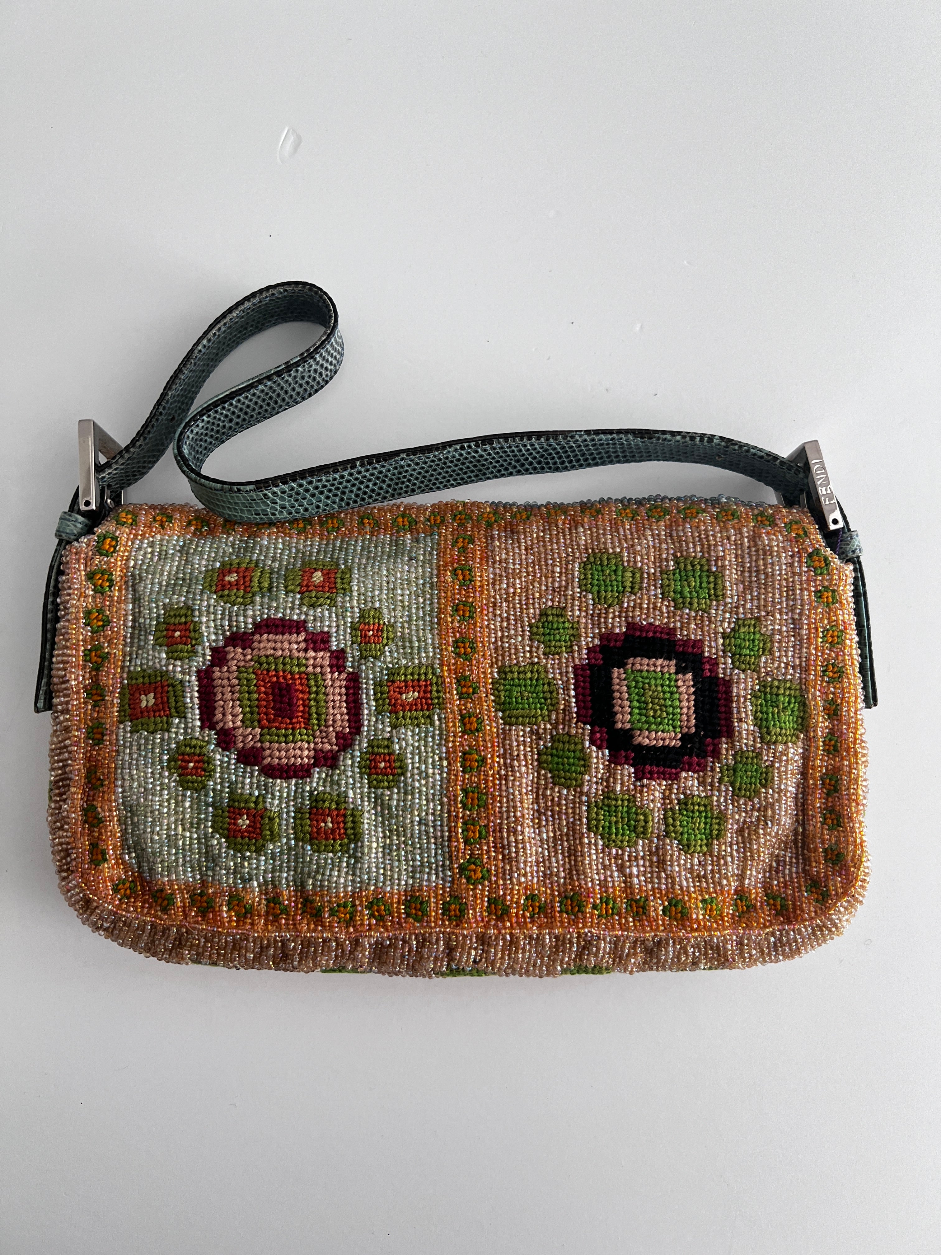 Vintage Fendi Madonna Boho Beaded Embroidered Baguette Bag - Stylish Crossbody Purse for Women, Perfect for Parties, Concerts & Boho Fashion Outfits