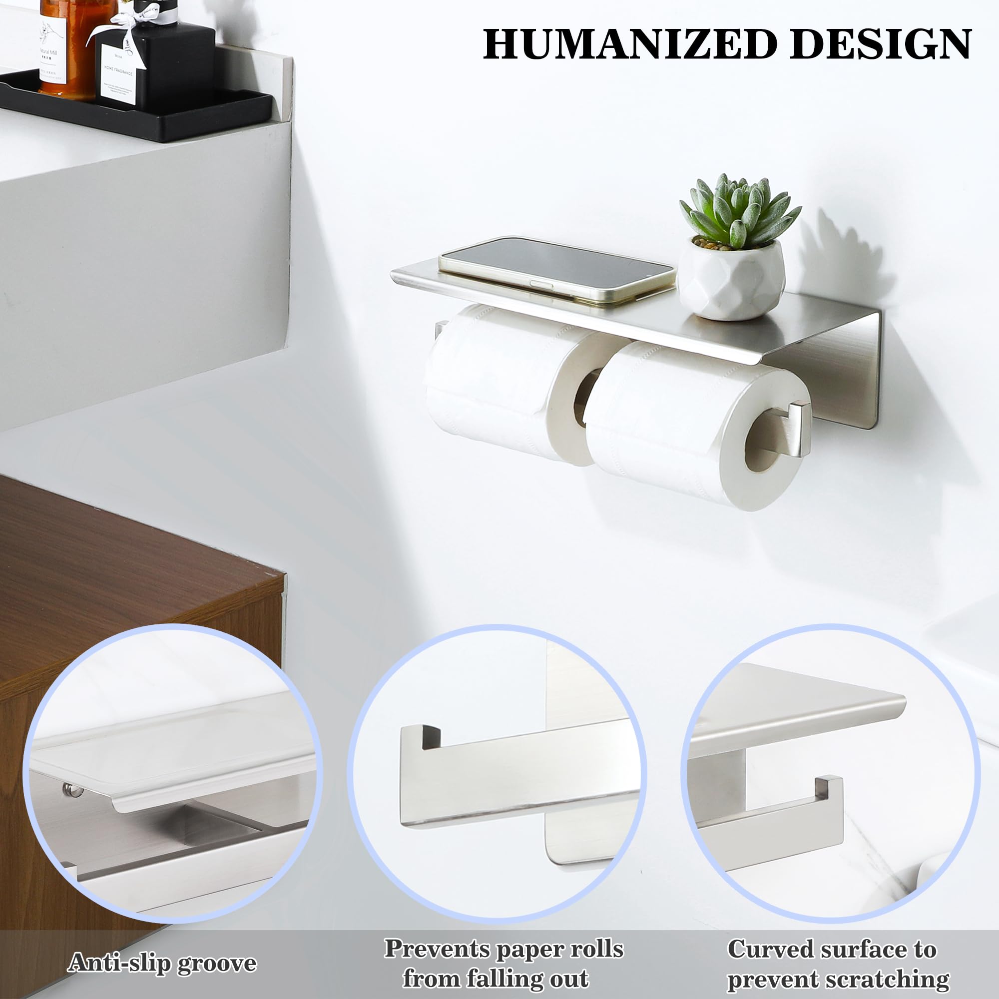 Alise Double Toilet Paper Holder - SUS304 Stainless Steel Bathroom Tissue Roll Holder with Shelf | Wall Mount or Self-Adhesive Installation | Brushed Nickel Finish | Perfect for Small Bathrooms, Powder Rooms & RVs