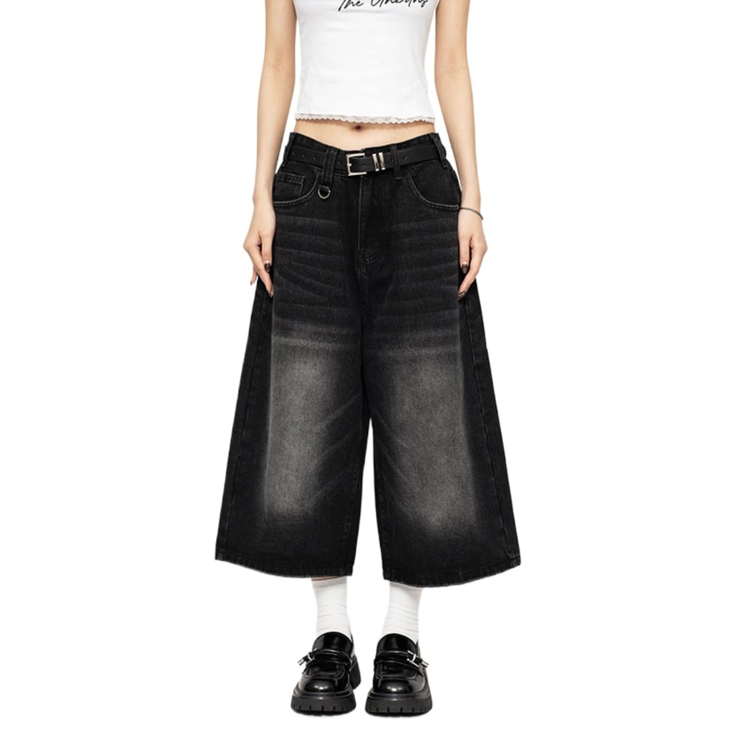 POHADON Women's Y2K Vintage Baggy Denim Shorts - High Waist Wide Leg Long Jean Shorts for Women, Loose Fit Capri Jorts, Trendy Grunge Streetwear - Perfect for Summer Outfits, Music Festivals & Casual Wear