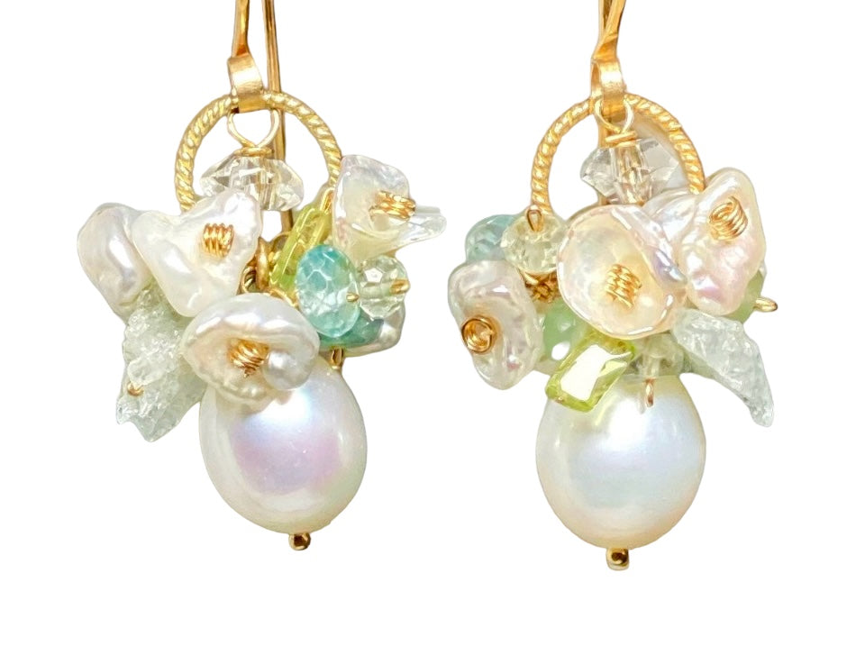 Baroque Pearl Earrings with Aquamarine, Peridot & Herkimer Diamond Quartz Clusters | Elegant Vintage Jewelry for Weddings, Parties & Special Occasions