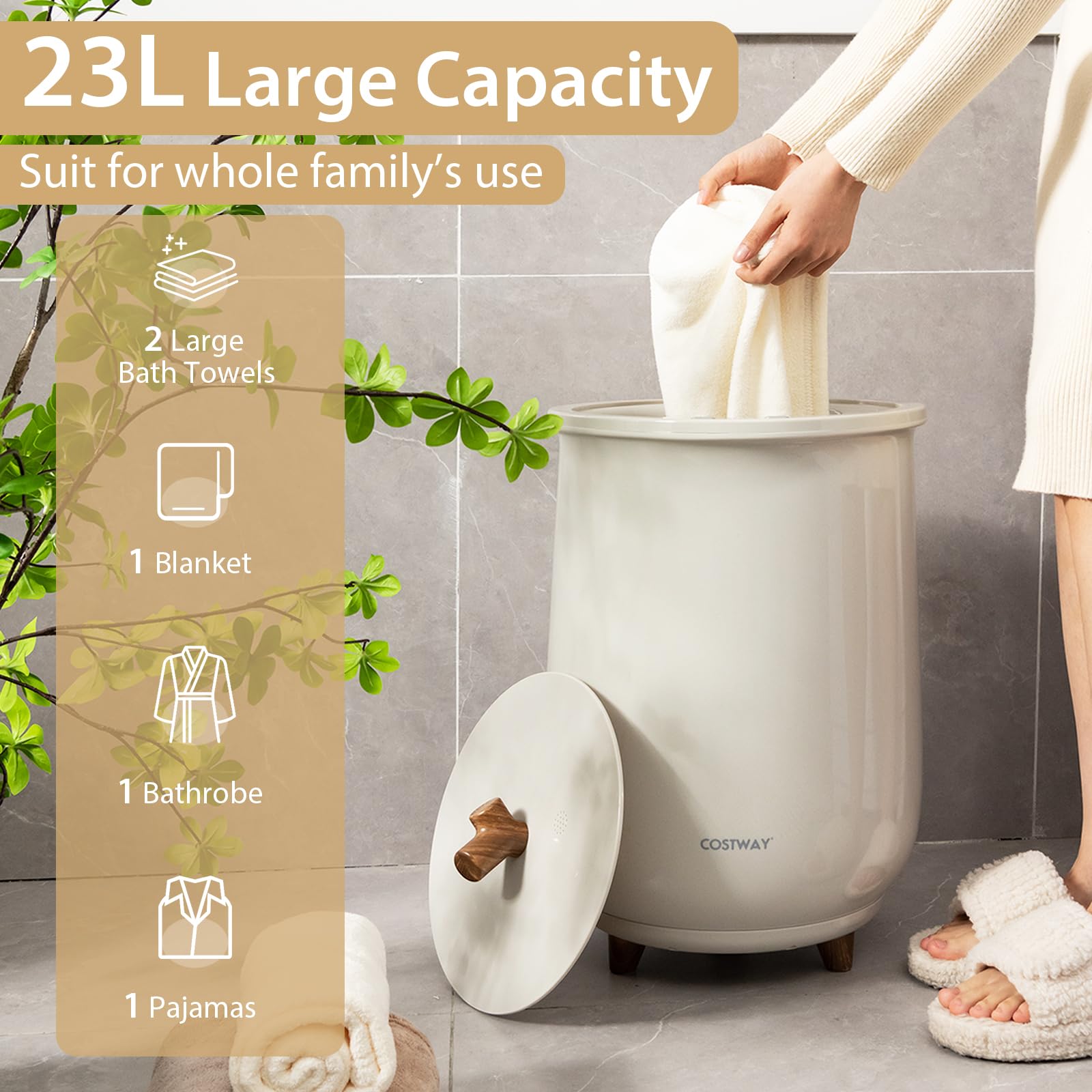 COSTWAY 23L Bucket Style Towel Warmer with 4 Timer Settings & 3 Temperature Levels | Overheat Protection & Fragrance Disc Holder | Bathroom Spa Towel Heater for Home, Hot Tub, Salon (Light Grey) | Perfect for Warming Towels, Robes & Spa Essentials