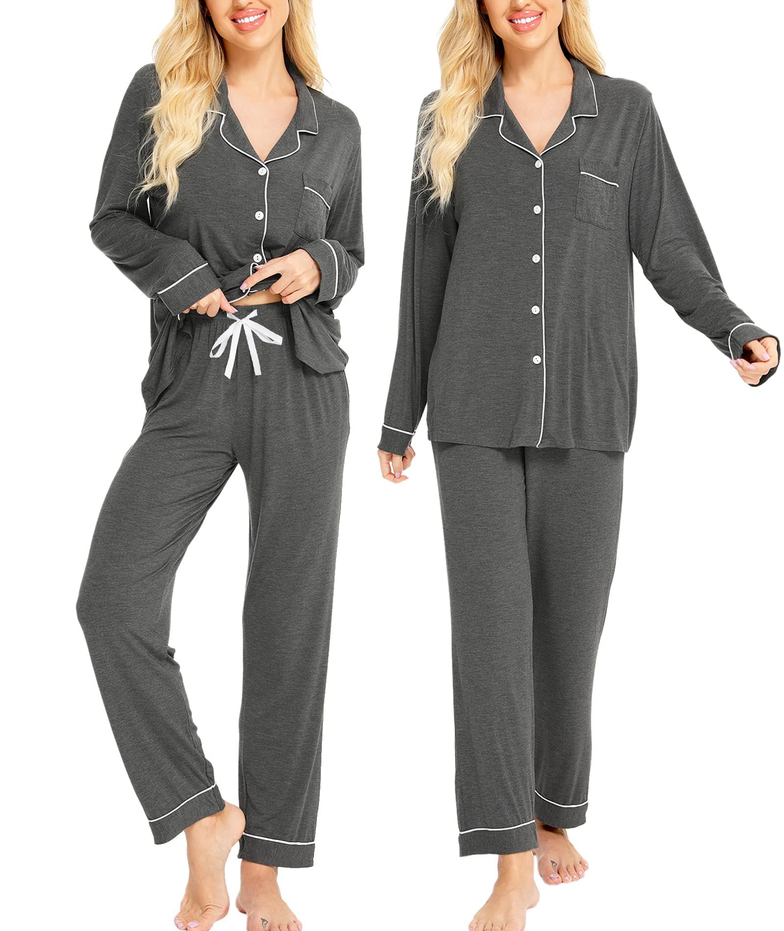 SWOMOG Women's Long Sleeve Pajama Set - Soft Cotton Button Down Sleepwear & Lounge Pjs for Nighttime Comfort, Relaxing at Home or Gift Giving