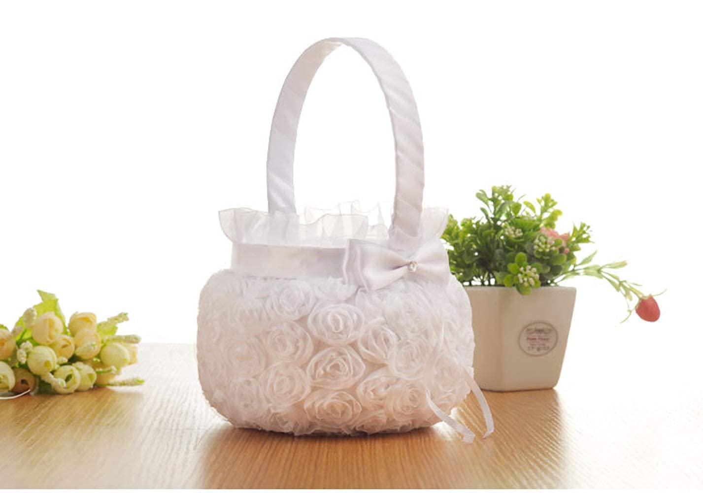 Elegant White Satin Silk Flower Girl Basket with Soft Feather & Diamante Rose - Perfect for Wedding Ceremonies, Bridal Parties & Special Occasions | by M I A (Color B)