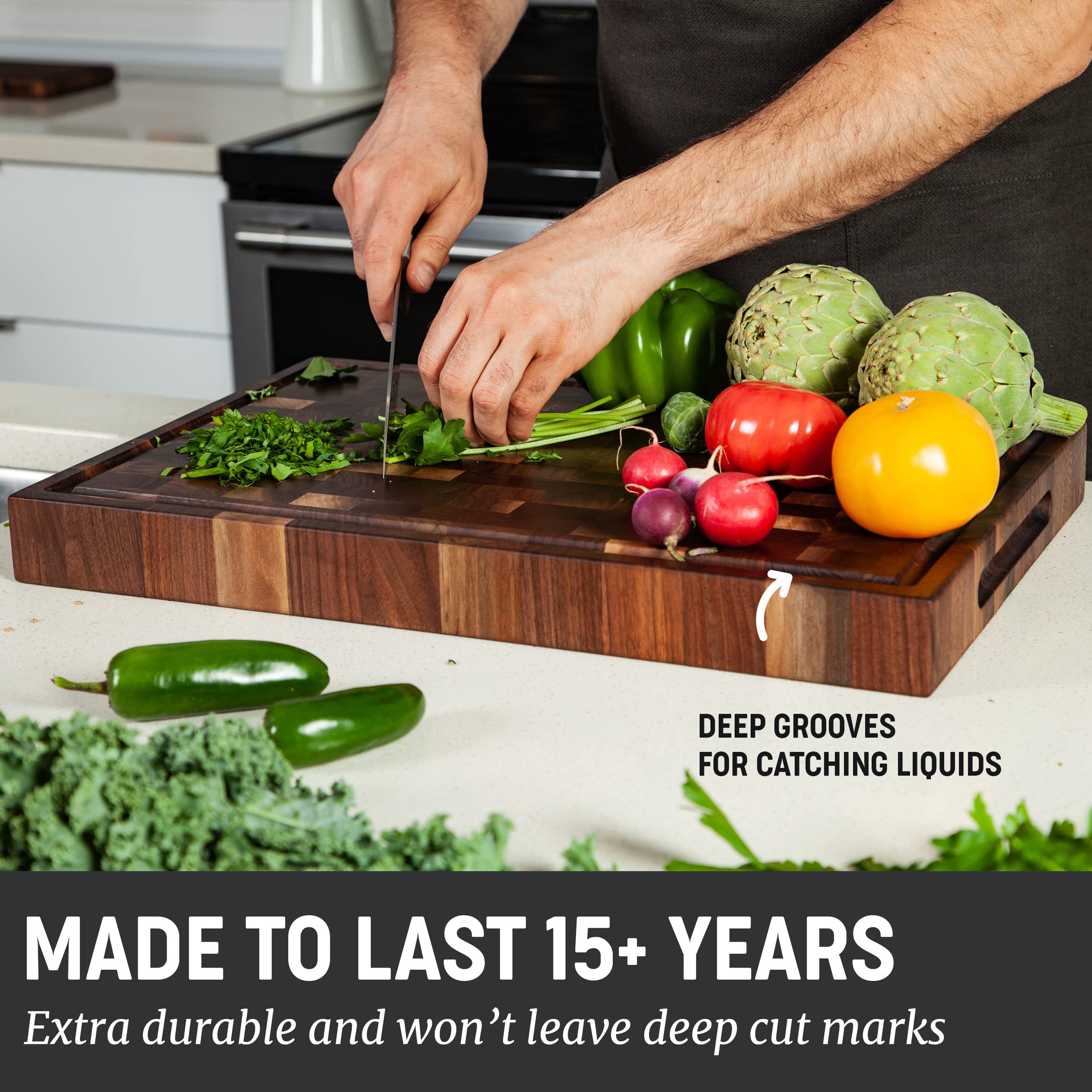 Premium Walnut Wood Cutting Board for Kitchen - Reversible Chopping Board with Juice Grooves & Handles - 20