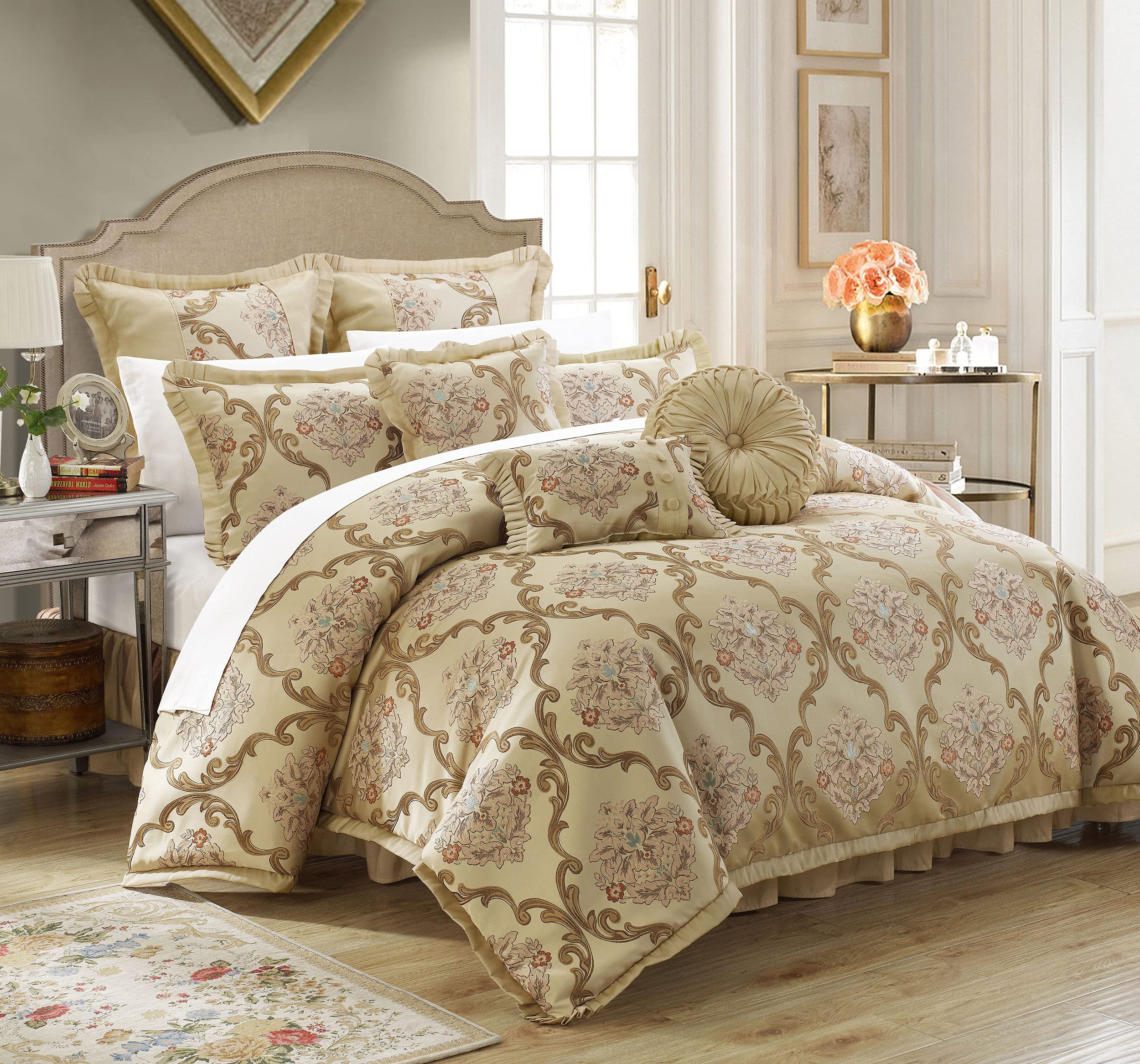 Chic Home Aubrey King Size Comforter Set with Bed Skirt, Shams & 3 Decorative Pillows - Hypoallergenic Jacquard Bedding in Beige | Perfect for Master Bedroom, Guest Room & Luxury Hotel Decor