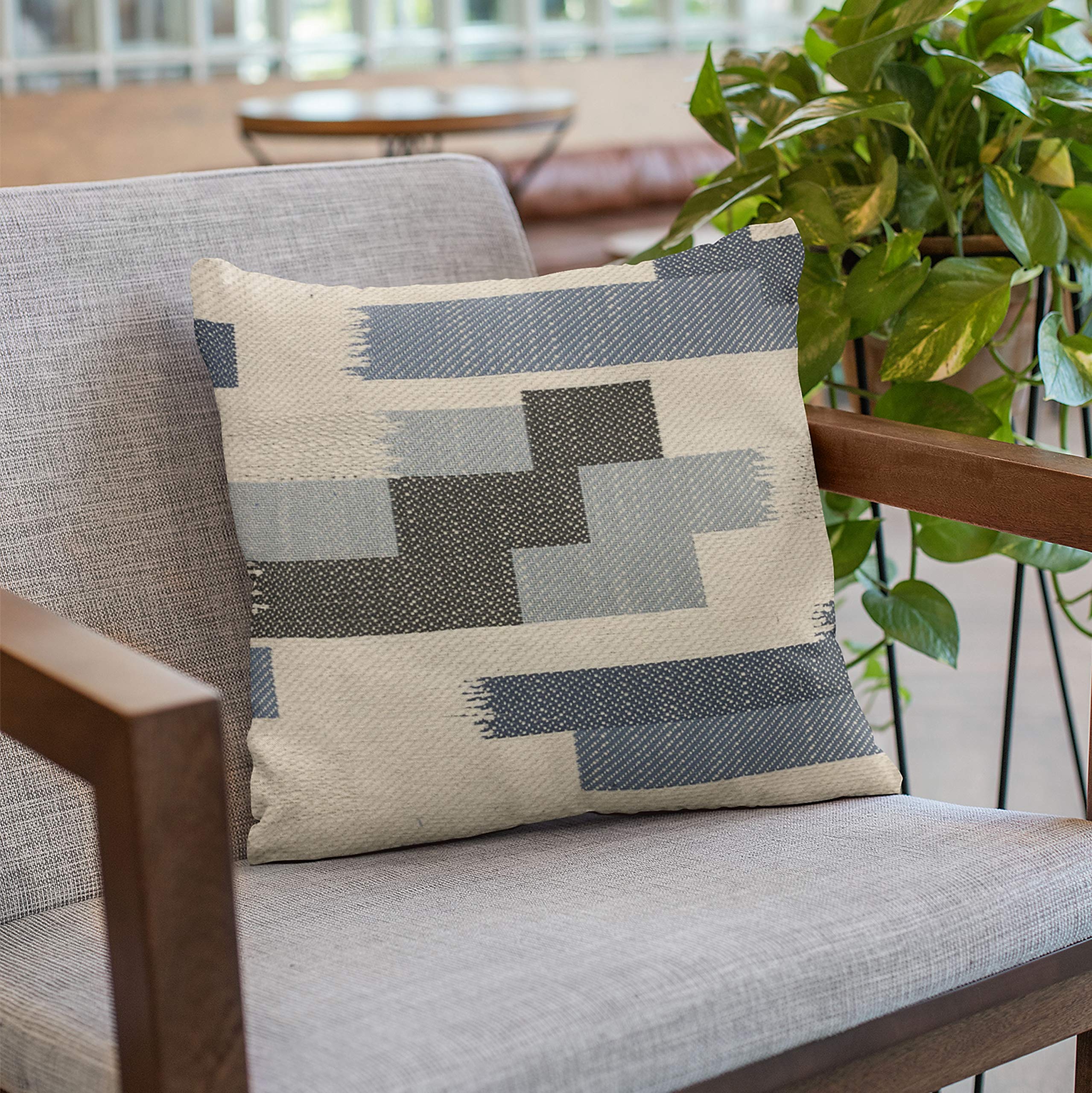 Luxury Blue Plutus Blocks Stripe Throw Pillow 20x20 Inches - Double Sided Decorative Cushion for Sofa, Bed & Living Room