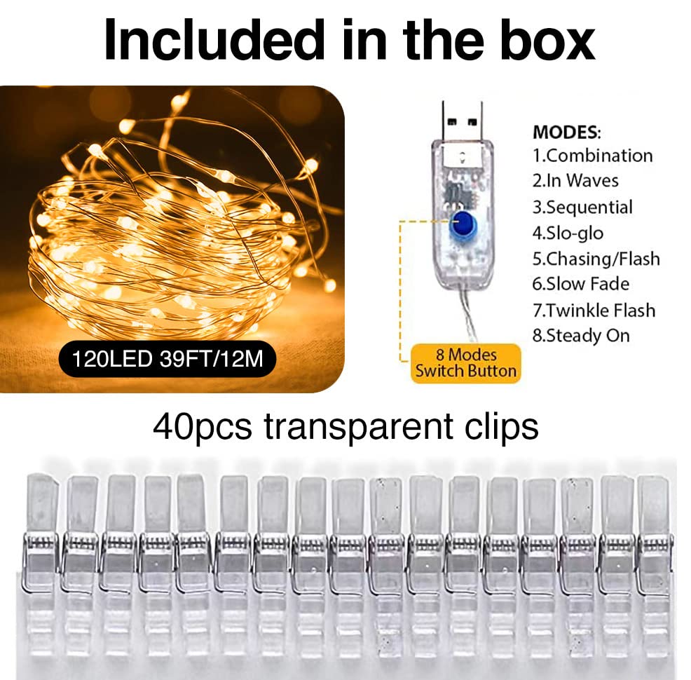 Oreunik Fairy Lights with Clips - 2 Pack 240 LED String Lights with 40 Photo Clips, 8 Lighting Modes, USB Plug-in for Bedroom Decor, Wedding, Party, Christmas Tree & Home Ambiance