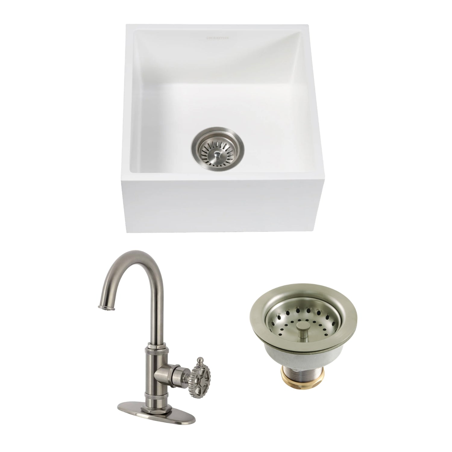 Arcticstone 15 Inch White Undermount Farmhouse Bar Sink with Brushed Nickel Faucet & Strainer - Perfect for Kitchen Islands, Wet Bars & Entertaining Areas