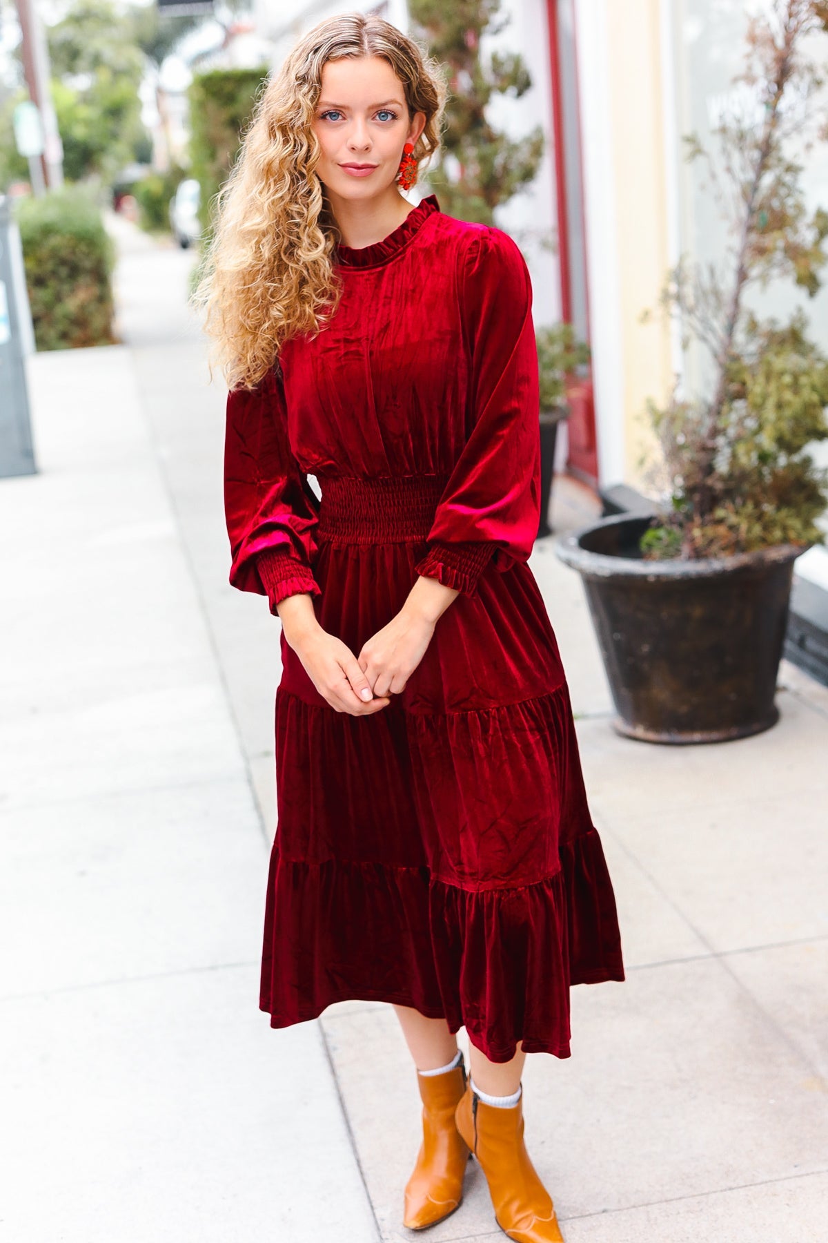 Burgundy Velvet Mock Neck Smocked Waist Dress for Women - Elegant Holiday Party & Christmas Dinner Outfit