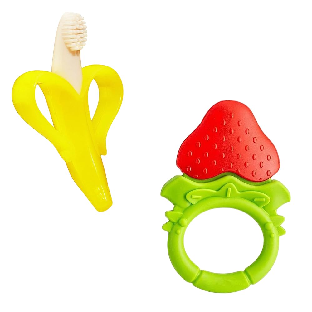 Kritiu Banana Shape Baby Brush & Fruit Teether Set - Soft Silicone Teething Toy for Infants | BPA-Free, Non-Toxic & Easy to Clean | Perfect for Soothing Sore Gums & Oral Hygiene (Yellow & Red) - Ideal for Home, Travel & Daycare Use