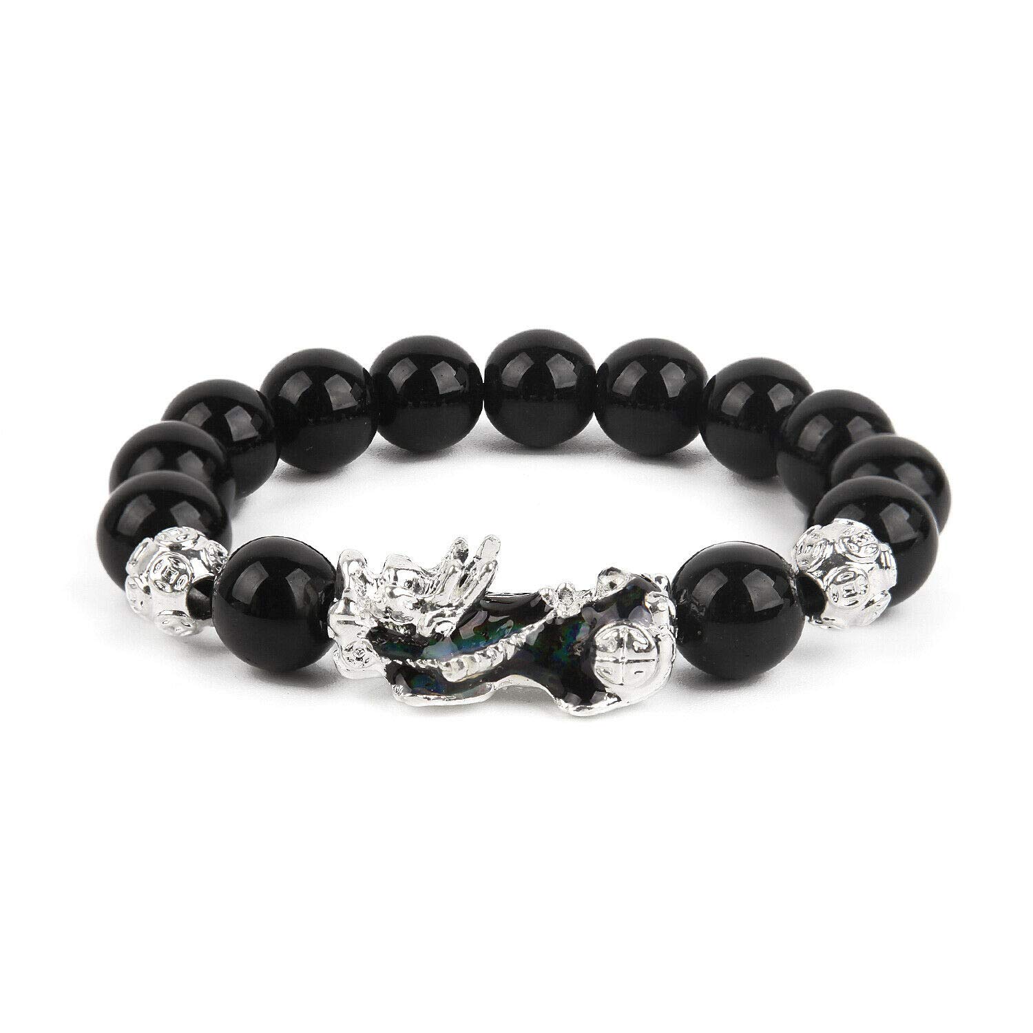 Black Obsidian Wealth Bracelet with Silver Pi Xiu - Feng Shui Jewelry for Attracting Prosperity & Good Luck | Color Changing Pixiu | Perfect for Meditation, Business Success & Positive Energy