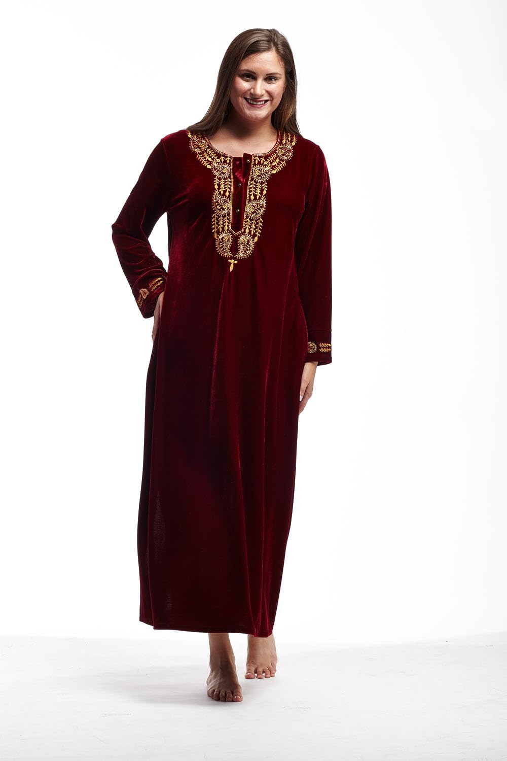 LA CERA Women's Velvet Embroidered Dress - Elegant Scoop Neck Long Sleeve Party Gown with Side Pockets | Hand Wash Only | Perfect for Holiday Parties, Weddings & Special Occasions