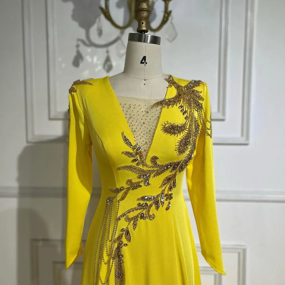 Luxury Dubai Arabic Yellow Mermaid Evening Dress with Elegant Tassel Beading for Women - Perfect for Weddings, Parties & Special Occasions - Serene Hill Collection LA72555
