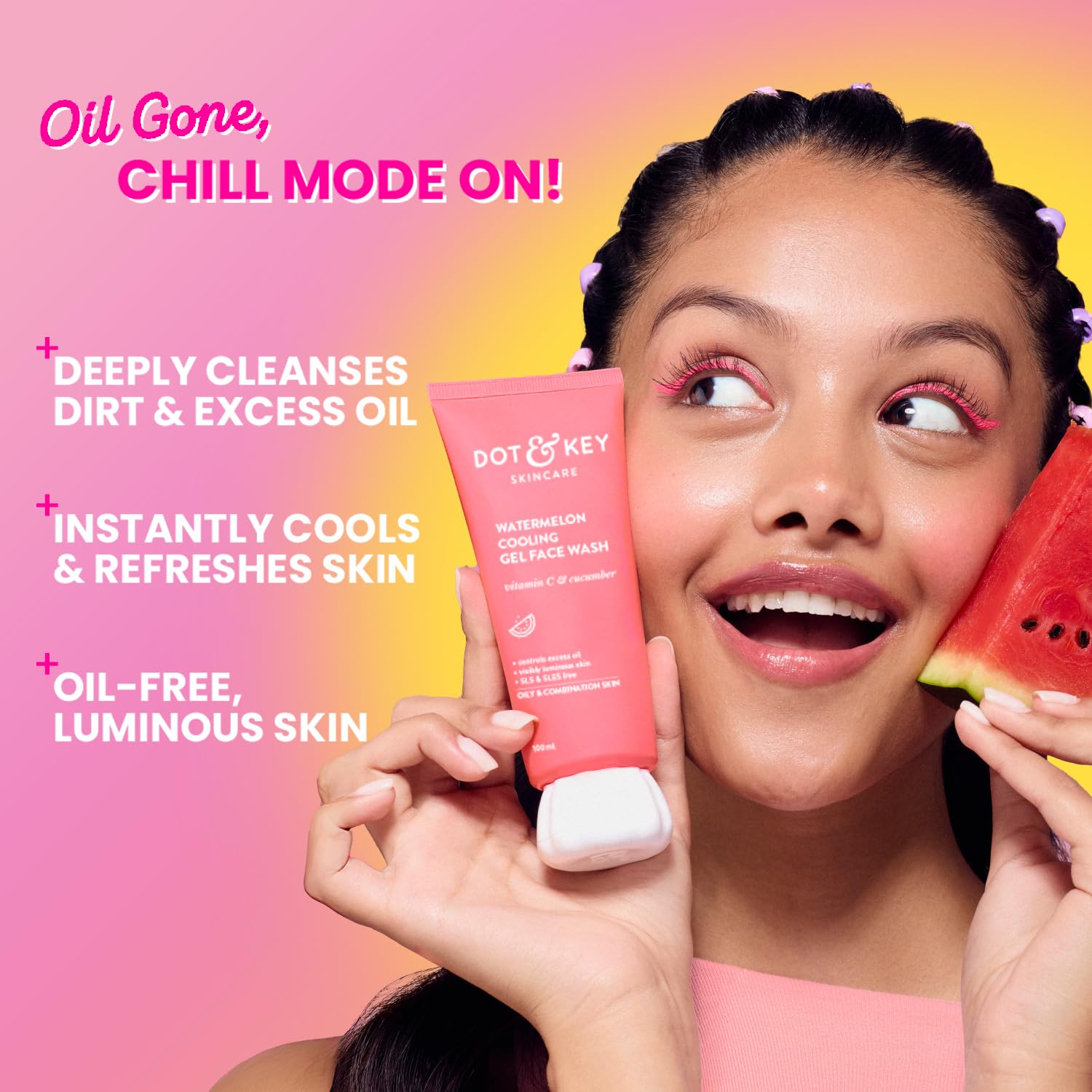 Dot & Key Watermelon Cooling Gel Face Wash with Vitamin C & Cucumber - Oil-Free Cleanser for Glowing Skin | Removes Excess Oil & Dirt | Suitable for Combination & Oily Skin - Men & Women | 100ml | Perfect for Summer Skincare & Daily Refreshing Routine