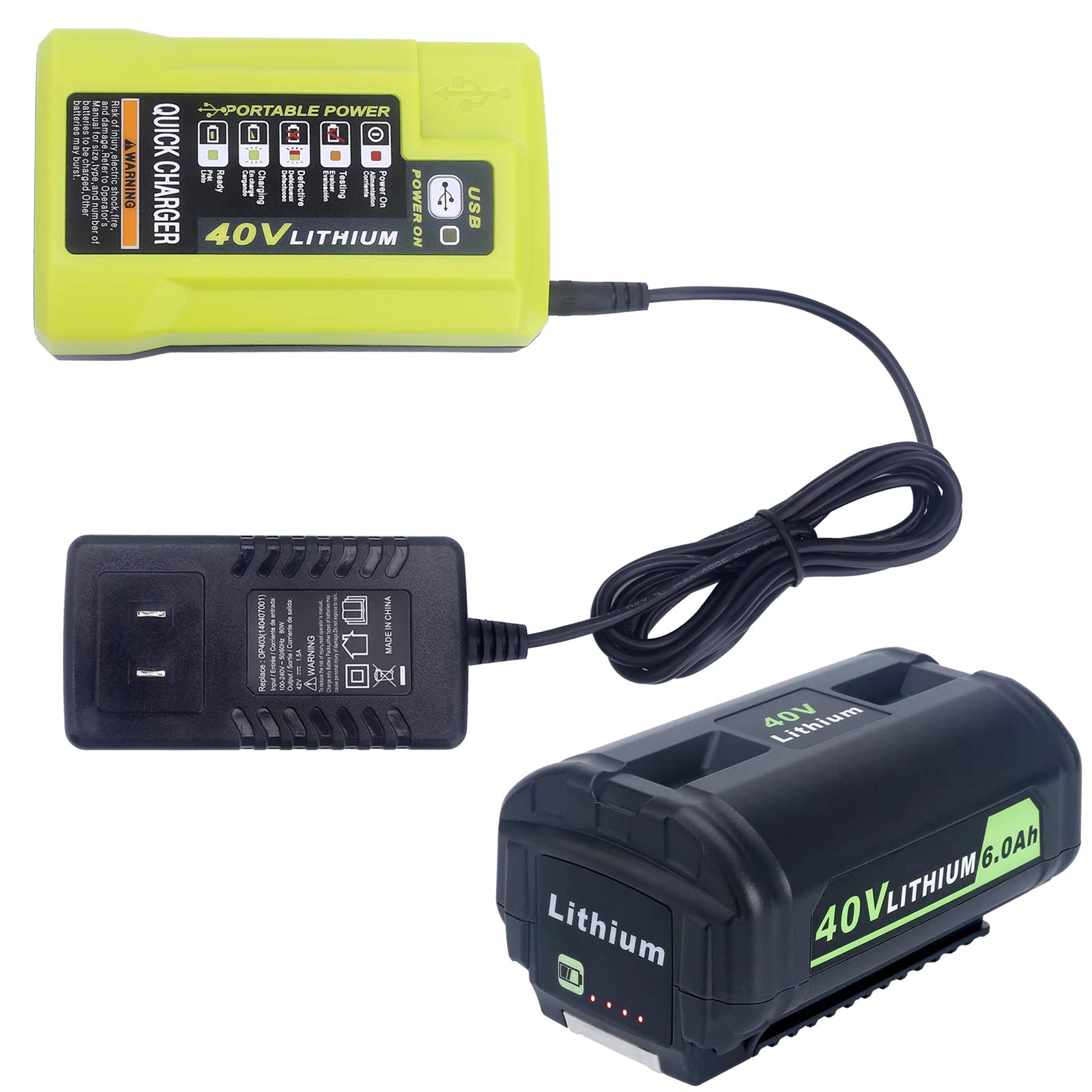 40V 6000mAh Lithium Battery & OP403 Charger Compatible with Ryobi 40V Cordless Power Tools - Replacement for Lawn Mower, Leaf Blower, String Trimmer & More Outdoor Tools
