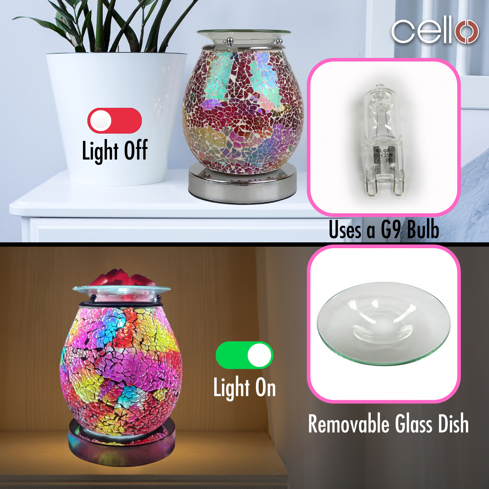 Cello Electric Wax Burner with Touch Control & Mosaic Design - Multi-Color Wax Warmer for Home Aromatherapy, Spa Relaxation, and Gift Giving