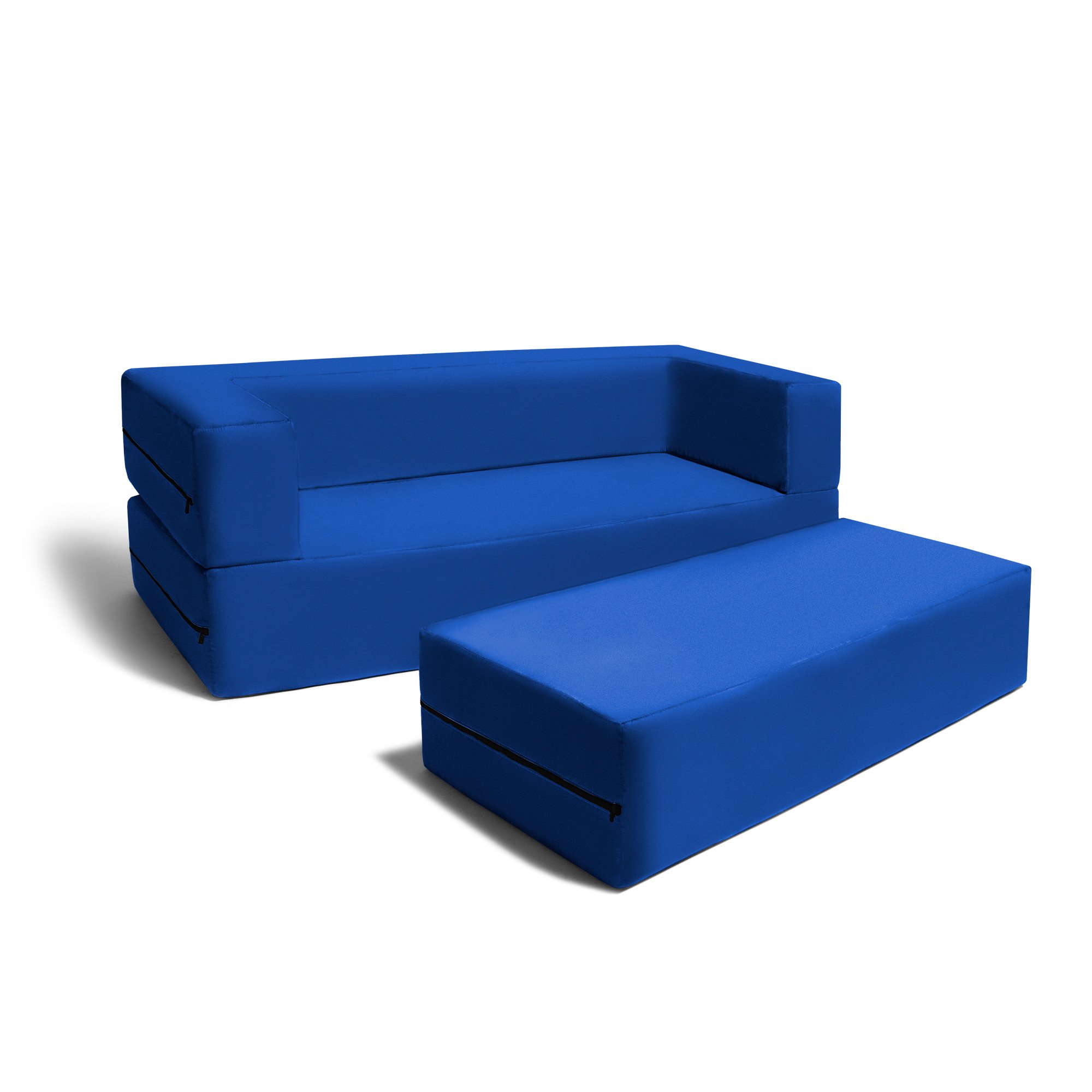 Jaxx Zipline Kids Sofa & Large Ottoman 3-in-1 Fold Out Convertible Sofa Bed - Big Kids Edition in Blueberry - Perfect for Playroom, Bedroom or Lounge Area