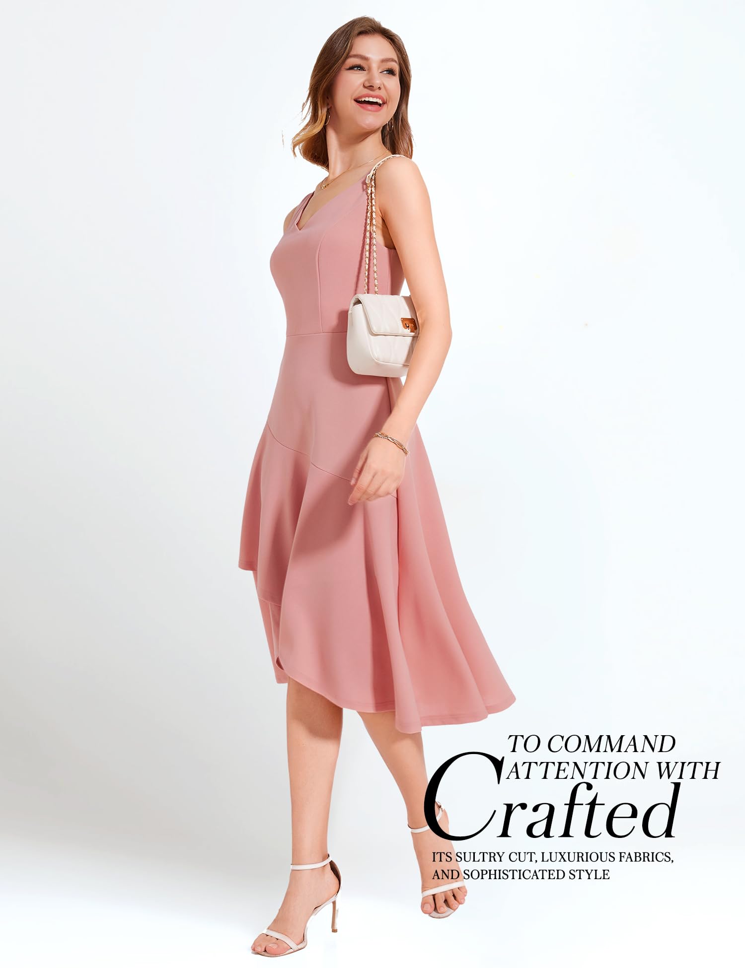 Aupuls Women's Pink Formal Midi Cocktail Dress - Elegant Blush Wedding Guest Dress G007 | Perfect for Cocktail Parties, Bridal Showers & Evening Events