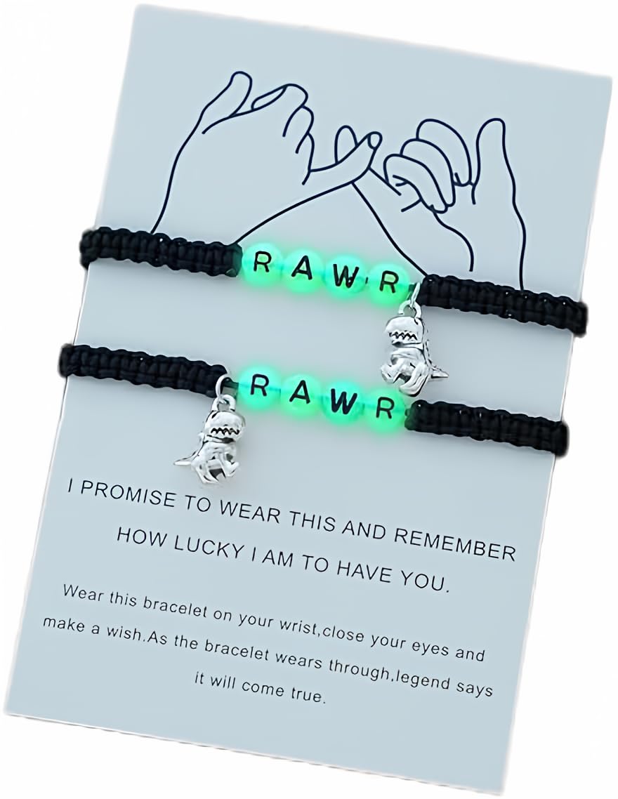 Glow in The Dark Dinosaur Charm Bracelet for Women - 2 Pack Adjustable Beaded Bracelets for Party, Rave, Halloween & Gifts