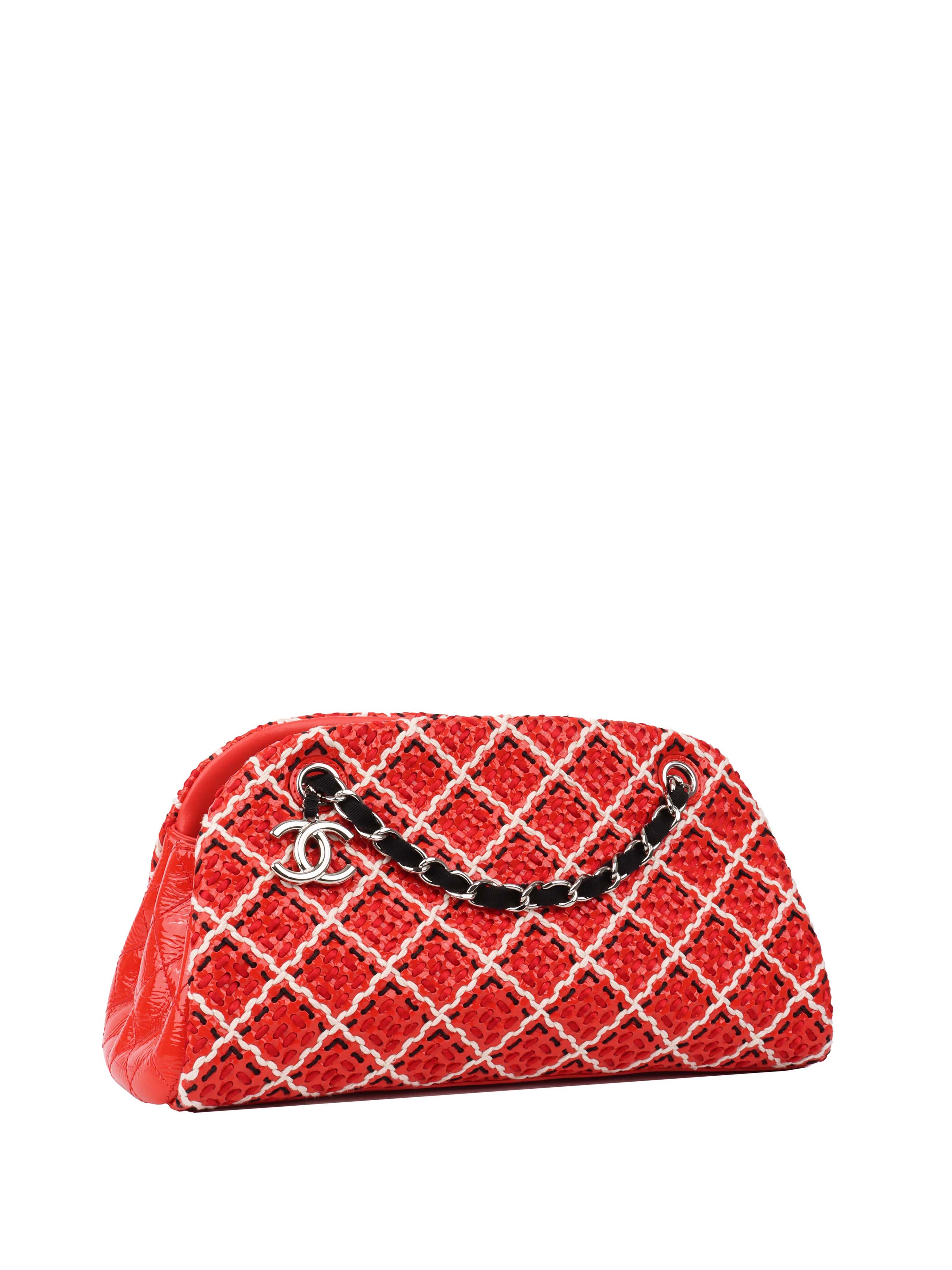 Chanel Limited Edition Red Patent Leather & Tweed Double Chain Shoulder Tote Bag - Luxury Designer Handbag for Women, Perfect for Work, Parties & Special Occasions