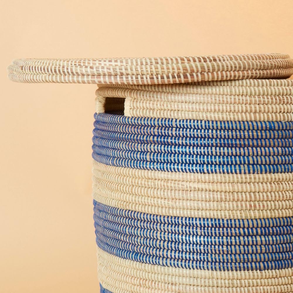Blue and Beige Striped Storage Basket - Small Woven Organizer for Home, Office, or Nursery Organization | Perfect for Toys, Books, and Essentials