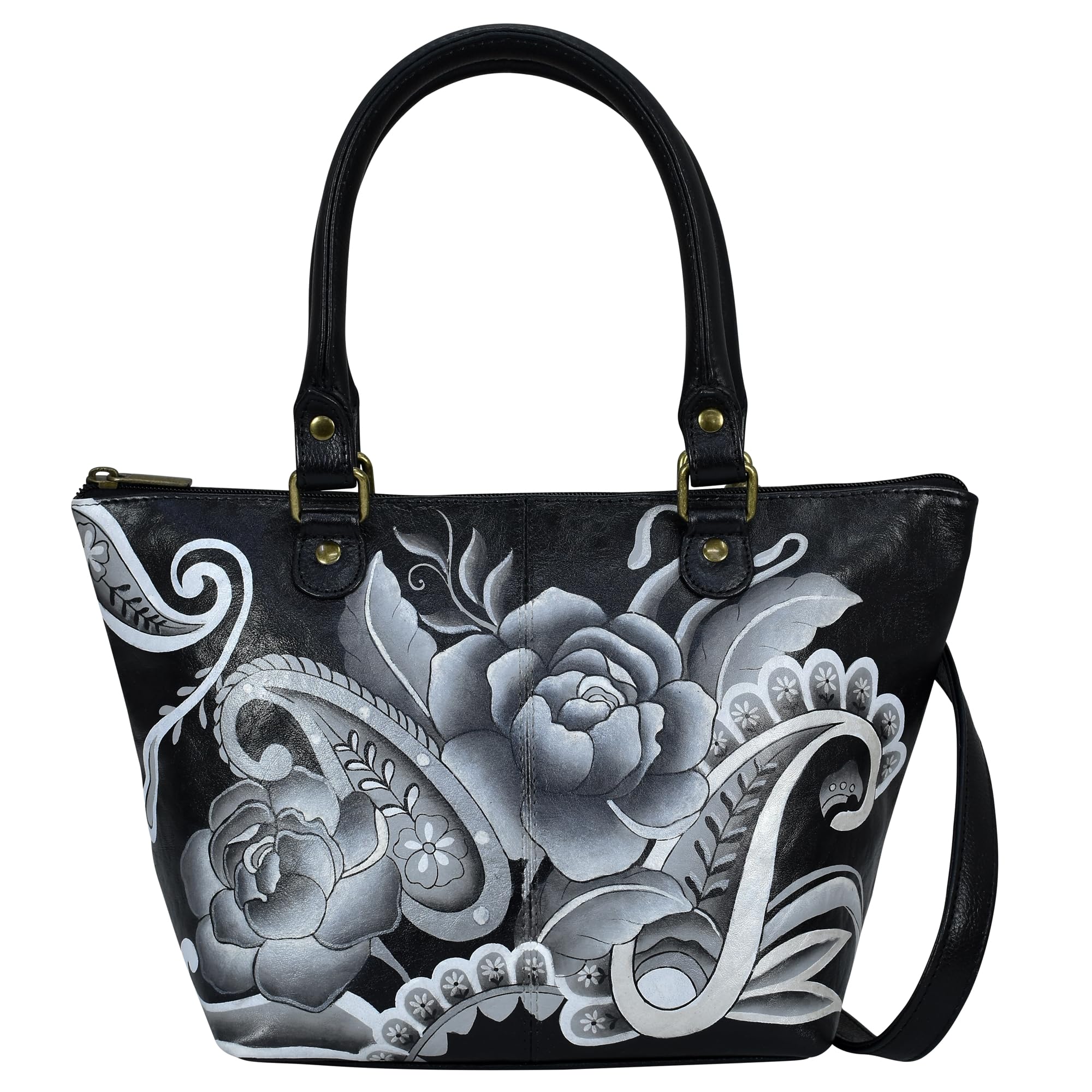 Anuschka Anna Peonies and Paisleys Black Leather Handbag - Stylish Women's Shoulder Bag for Work, Travel & Evening Out