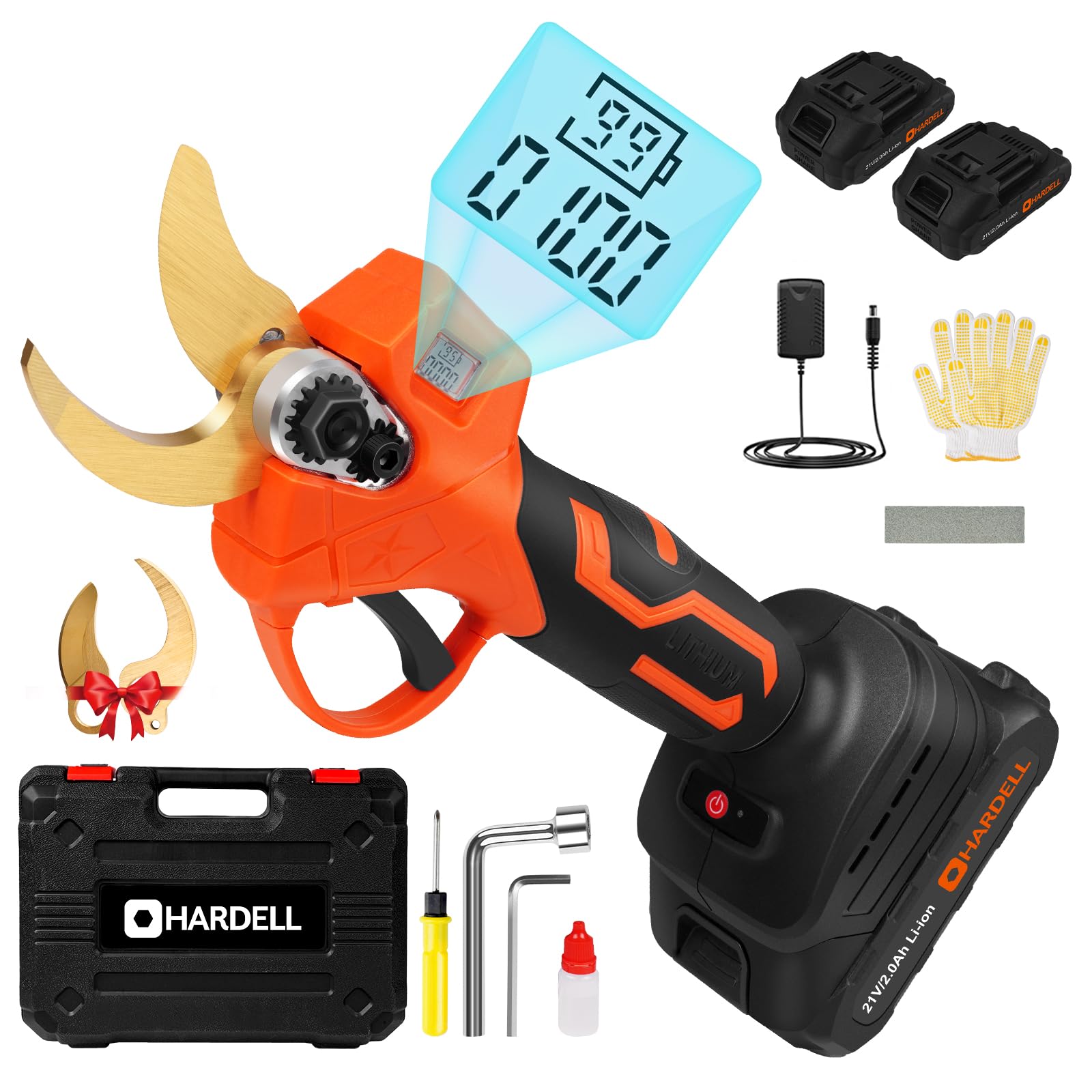 HARDELL 21V Cordless Electric Pruning Shears with LCD Display - Brushless Motor Tree Branch Cutter with 2 Rechargeable Batteries & Replacement Blade - Perfect for Gardening, Landscaping, and Tree Trimming