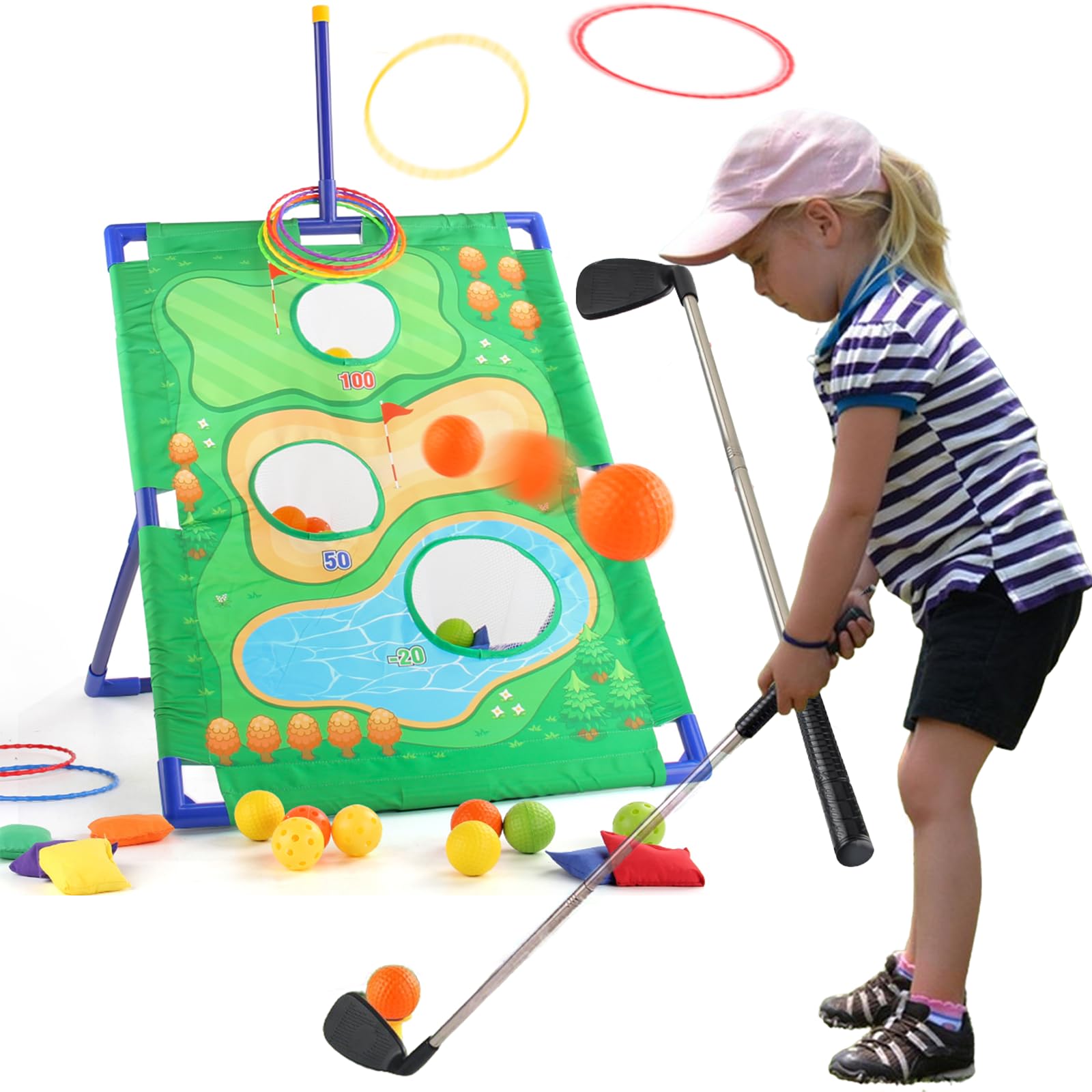 3-in-1 Golf Chipping & Cornhole & Ring Toss Game Set with Chipping Mat & Stand - Indoor/Outdoor Backyard Lawn Games for Adults & Kids - Perfect for Parties, BBQs, and Family Gatherings