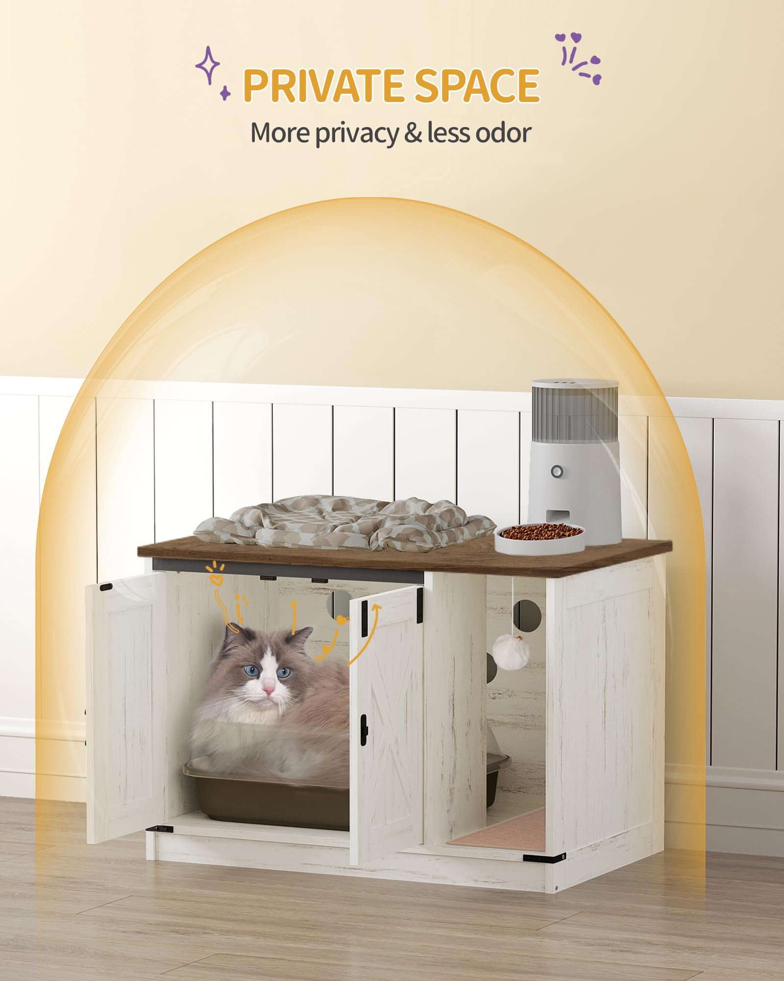Hidden Cat Litter Box Enclosure Cabinet Furniture with Bell - Farmhouse Style Indoor Cat House (31.5