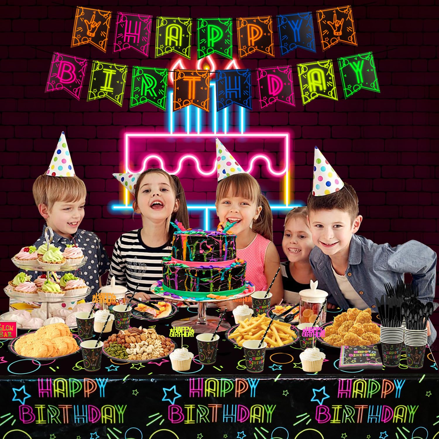 Glow in the Dark Party Supplies Set - 20-Piece Neon Birthday Decorations Kit with Banner, Plates, Napkins, Cups, Cutlery & Tablecloth for Blacklight Glow Party | Perfect for Birthday Celebrations, Rave Events & UV Nightclub Decor