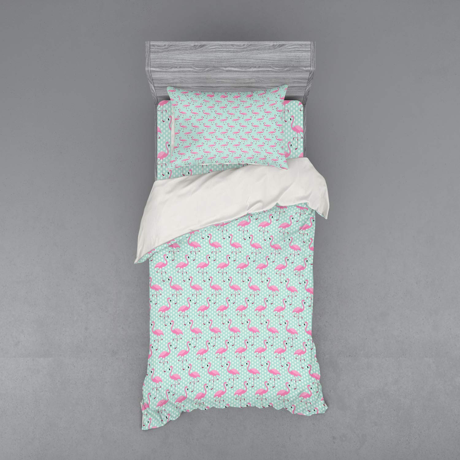 Ambesonne Pink Flamingo 3-Piece Duvet Cover Set - Tropical Hawaiian Birds & Exotic Animal Print on Polka Dot Background, Twin Size Bedding with Sham & Fitted Sheet in Mint Green & Pale Pink - Perfect for Beach House Decor, Boho Bedroom, or Tropical Themed Guest Room
