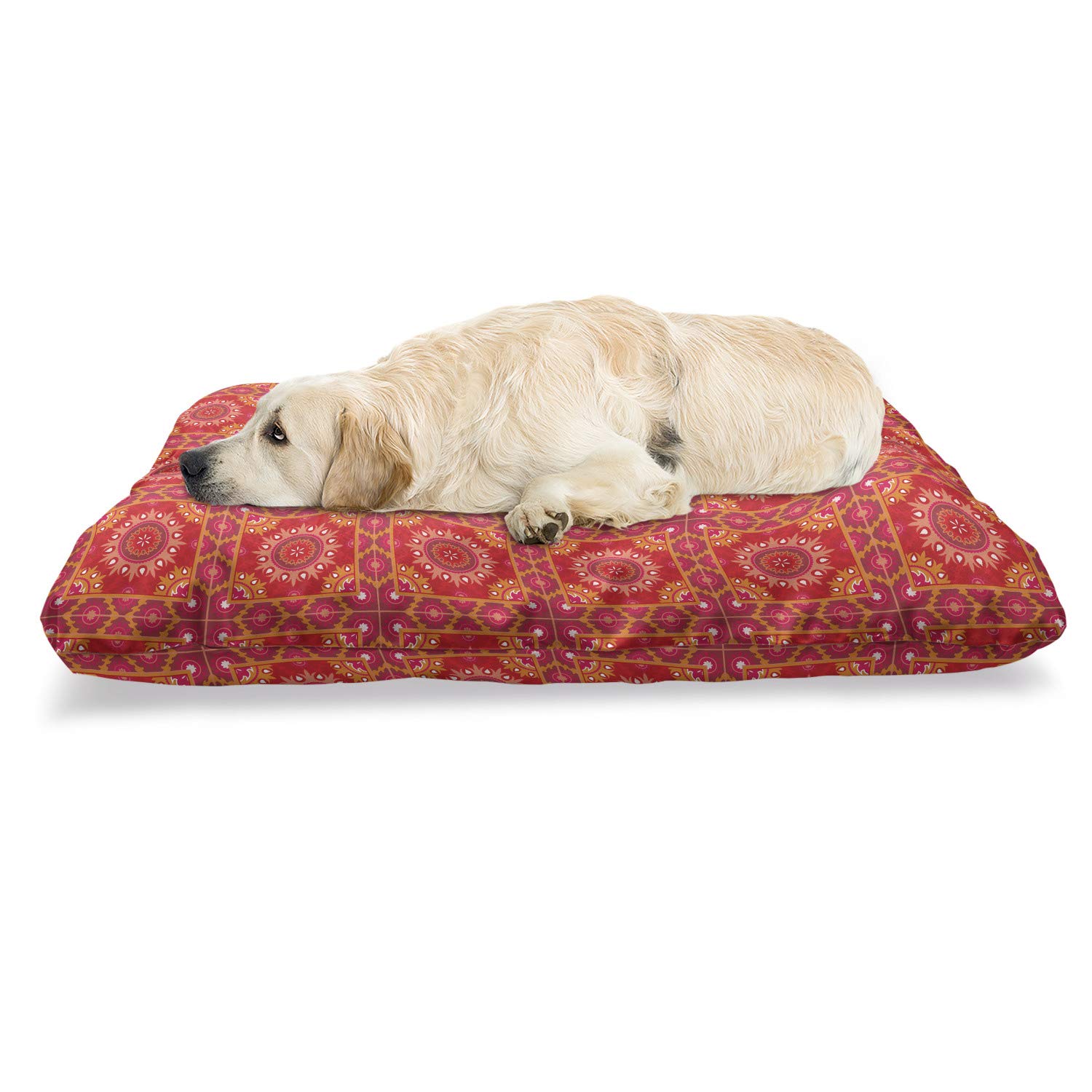 Ambesonne Red Mandala Pet Bed - Chew Resistant Dog & Cat Cushion with Removable Cover, 24x39 Inch - Oriental Inspired Symmetric Tile Design - Perfect for Living Room, Bedroom or Pet Nursery